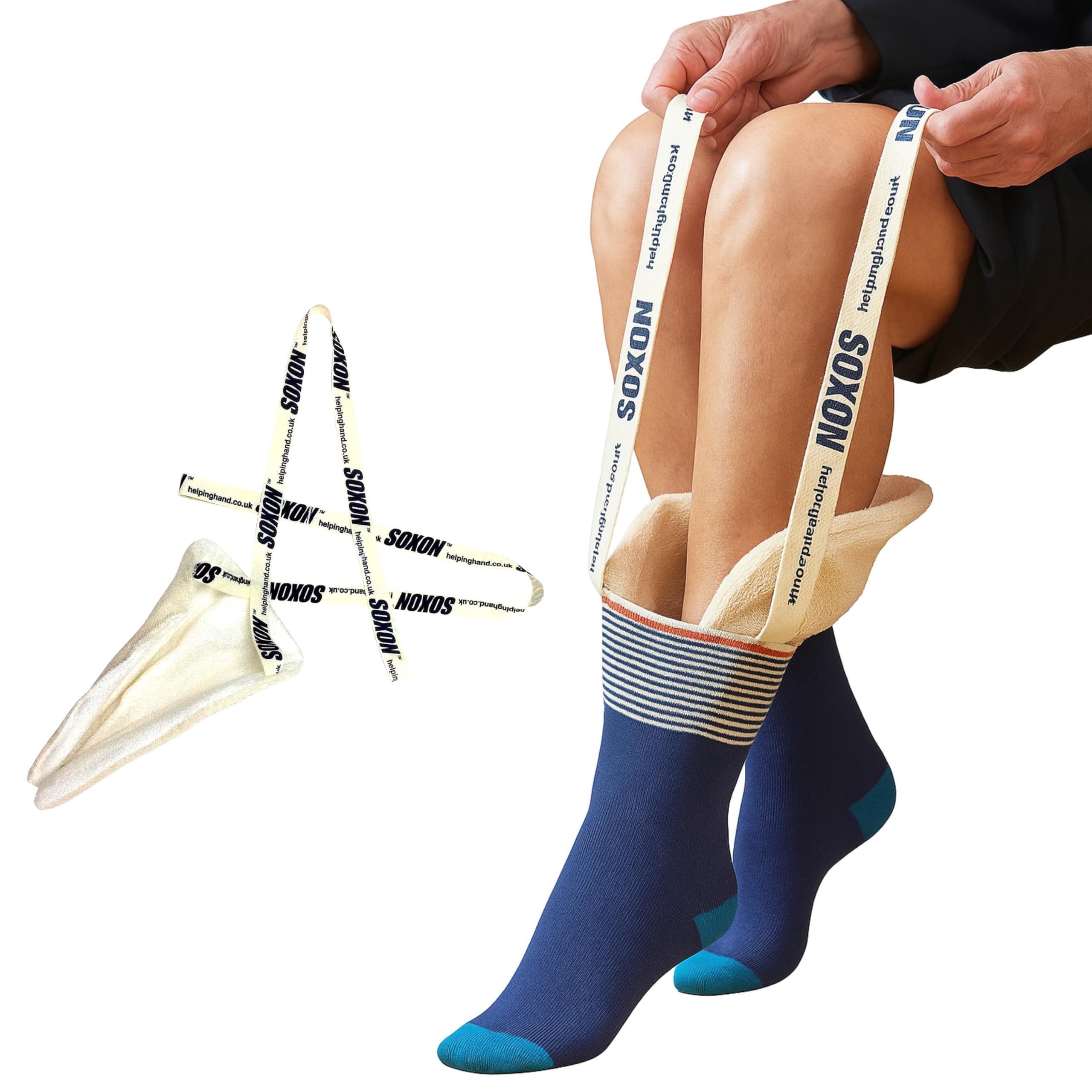 The Helping Hand Company Soxon Sock Aid - Fabric Sock Aid Tool and Stocking Applicator - Easy to Use Sock Puller Aid for Elderly, Disabled, Pregnant Women, Arthritis and Hip Recovery, White