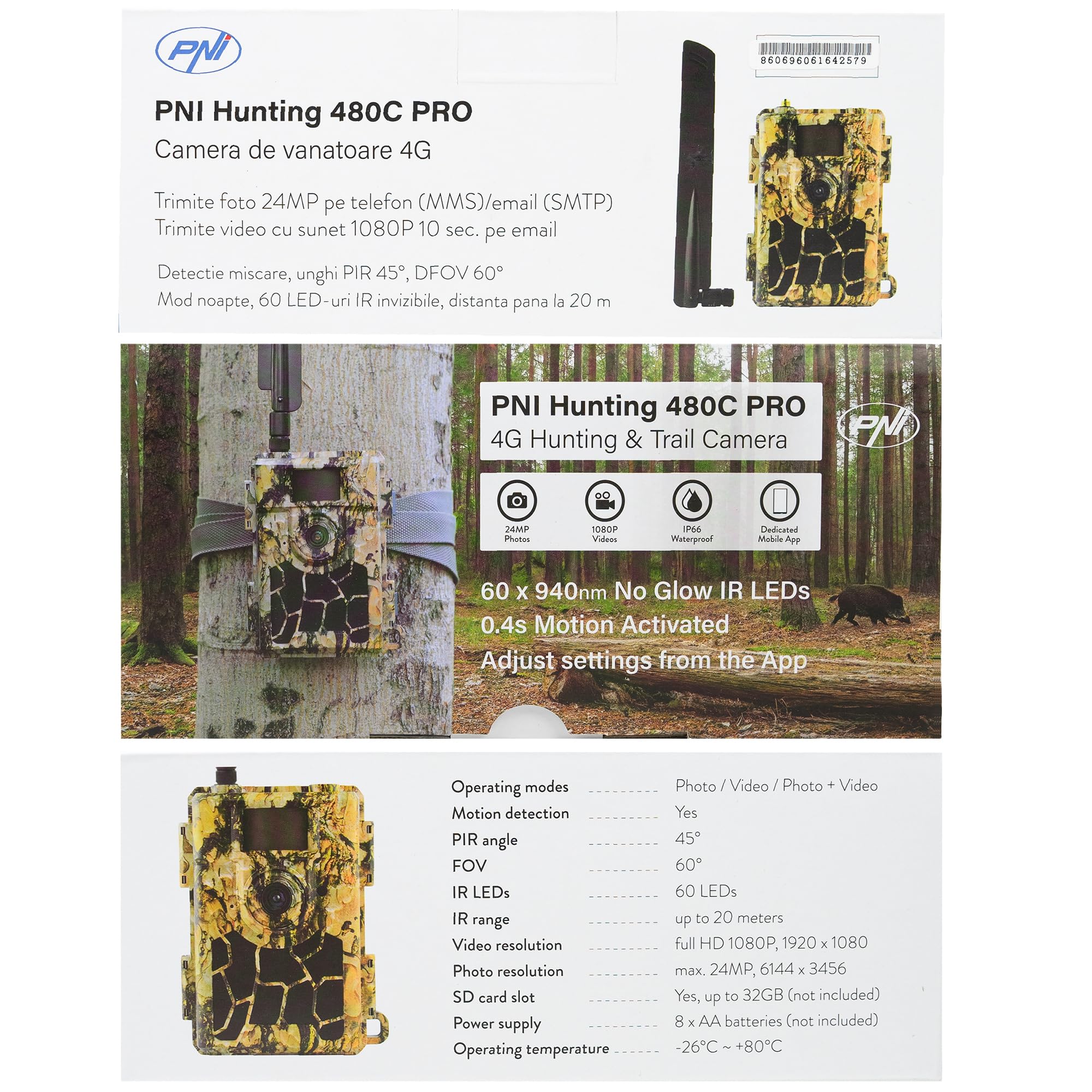 PNI Hunting 480C Pro Wildkamera – 24 MP Full HD mit 4G-Konnektivität, GPS, Infrarot-Nachtsicht, IP66 wasserdicht, schnelle Auslösegeschwindigkeit für Wildtierüberwachung und Sicherheit