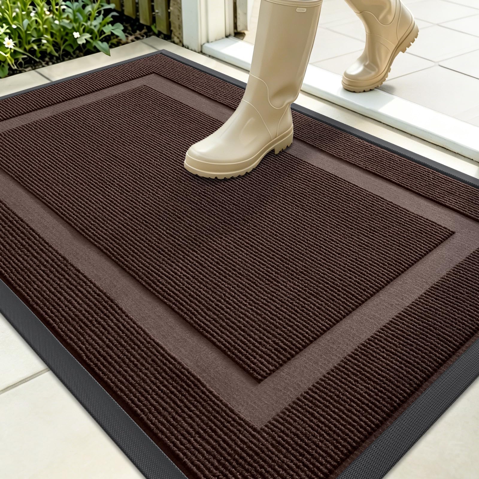 OLANLY Front Door Mat Outside 35x23, All-Season Heavy-Duty Rubber Doormat | Dark Brown, Absorbent, Stain Fade Resistant, Waterproof Non-Slip Backing, Low-Profile Indoor Outdoor Floor Mat for Entryway