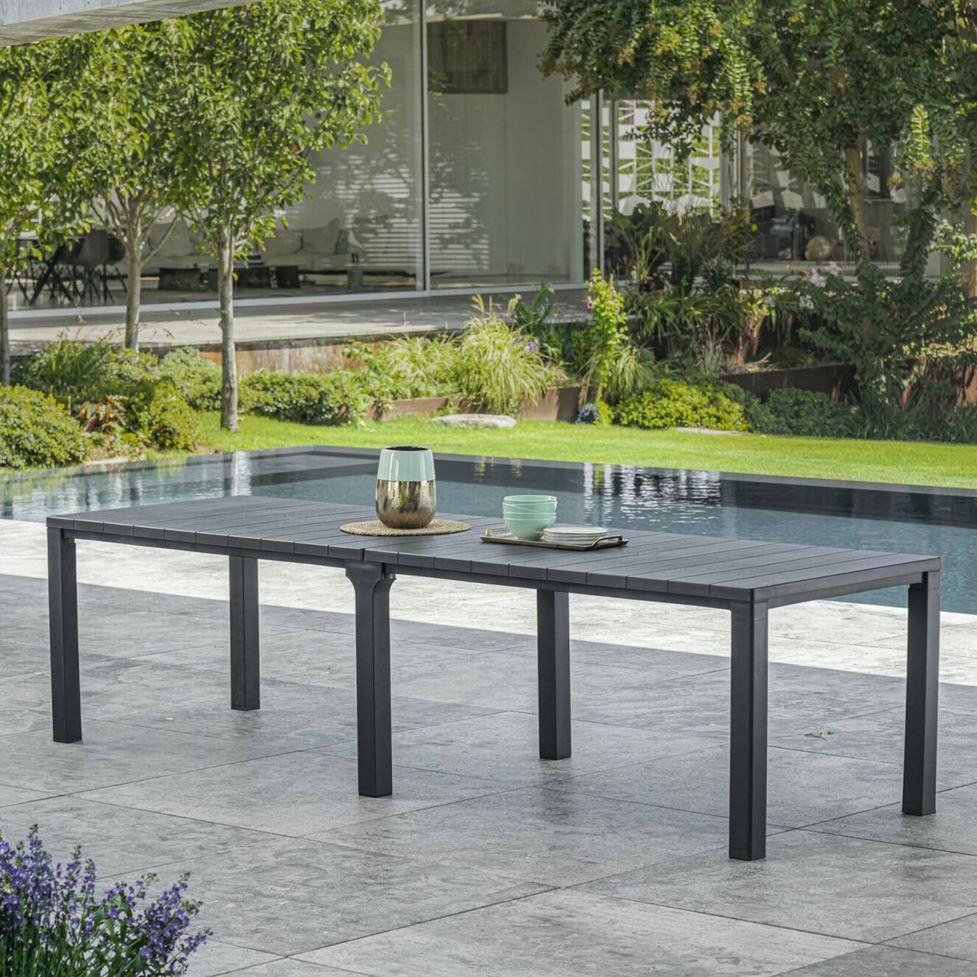 Dmora Tavolo da Esterno Antico 90x294x75h cm Nero Antracite 12 Posti Resistente ai Raggi uv, Meccanismo Estensione Multiposizione