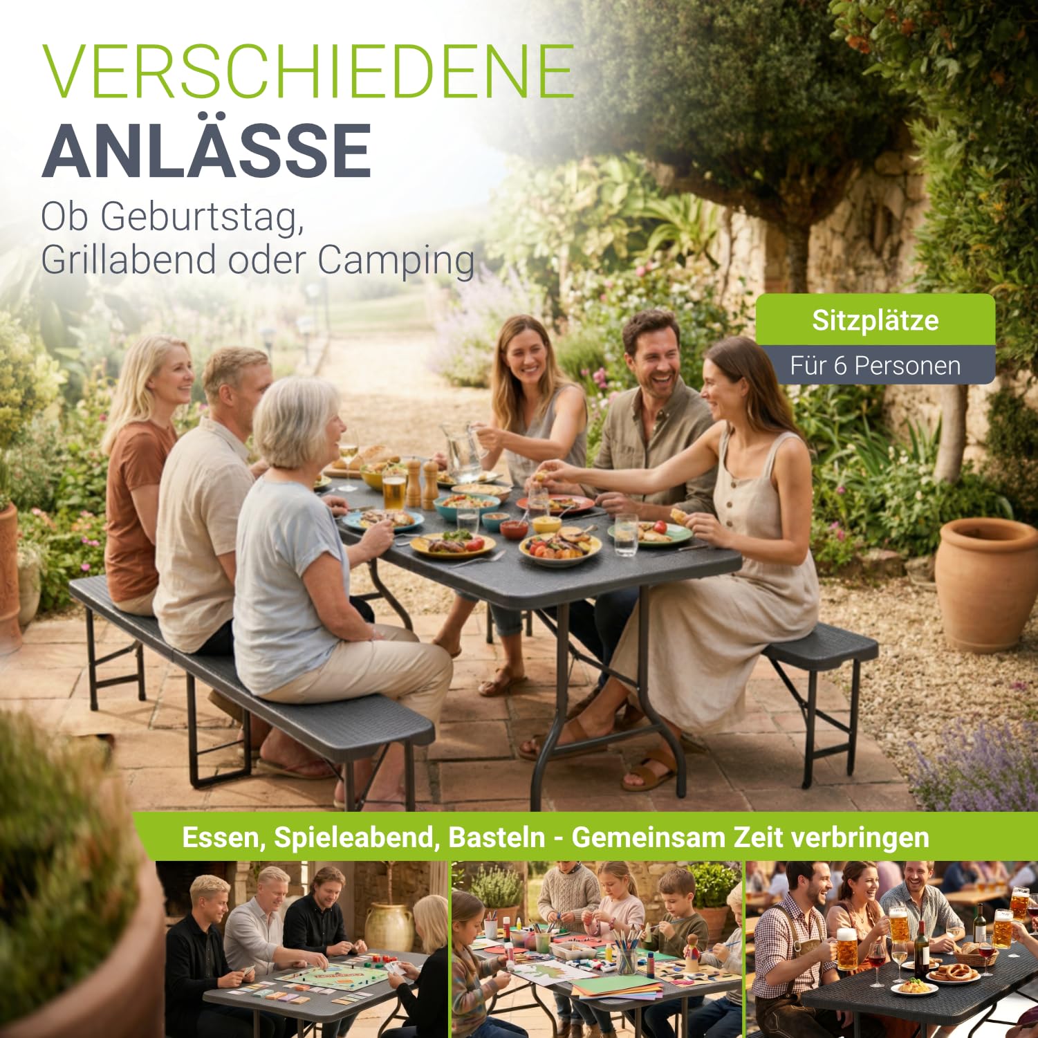 Juskys Bierzeltgarnitur Amberg 3-teilig & klappbar - 180 x 74 x 74-2 Bierbänke & Biertisch in Rattan-Optik Gartenmöbel-Set Festzeltgarnitur Camping
