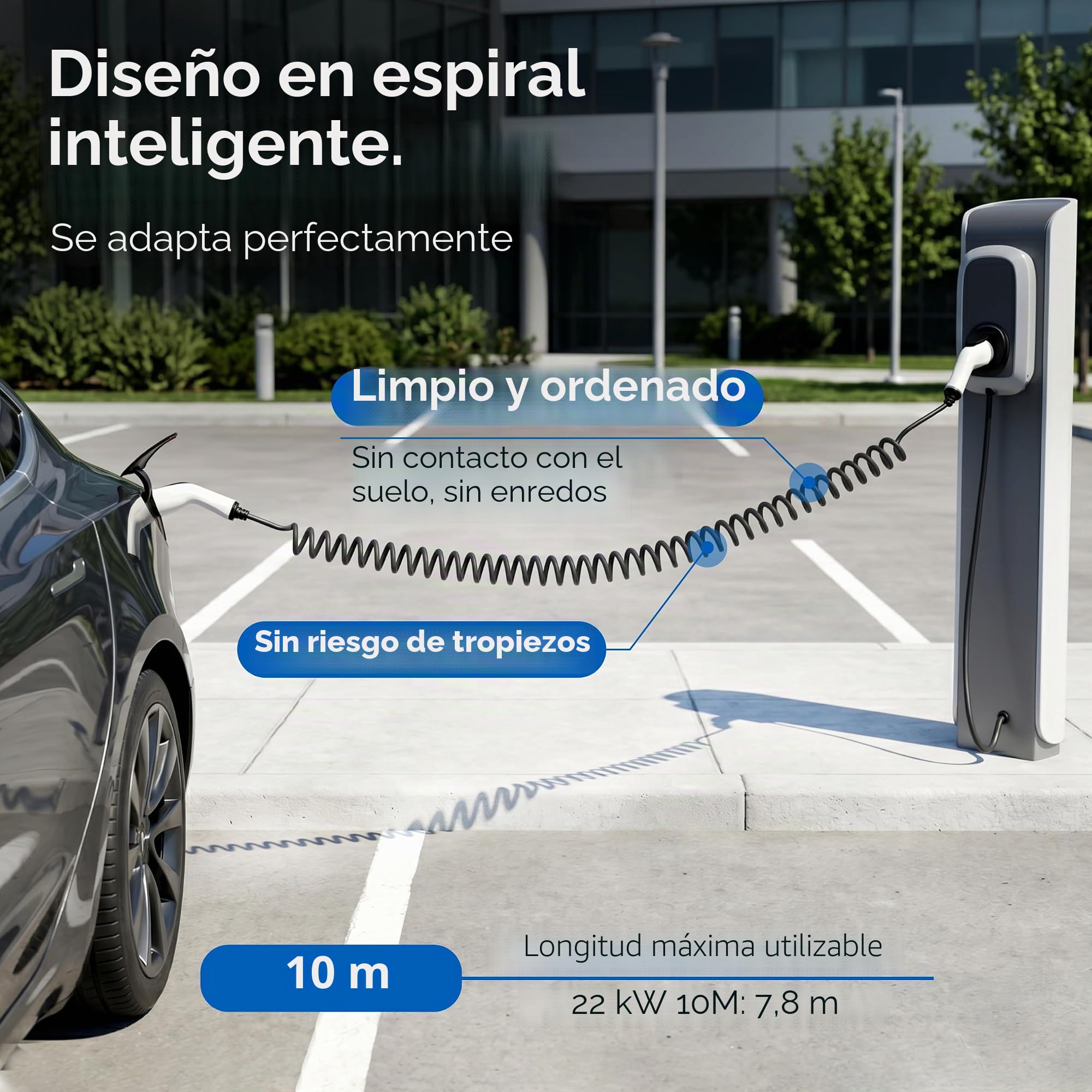 Cable de carga en espiral tipo 2, 22 kW, 10 m, 32 A, para coche eléctrico e híbrido, incluye bolsa de cables, cable en espiral de 3 fases para EV PHEV • Ahorro de espacio, adecuado para todos