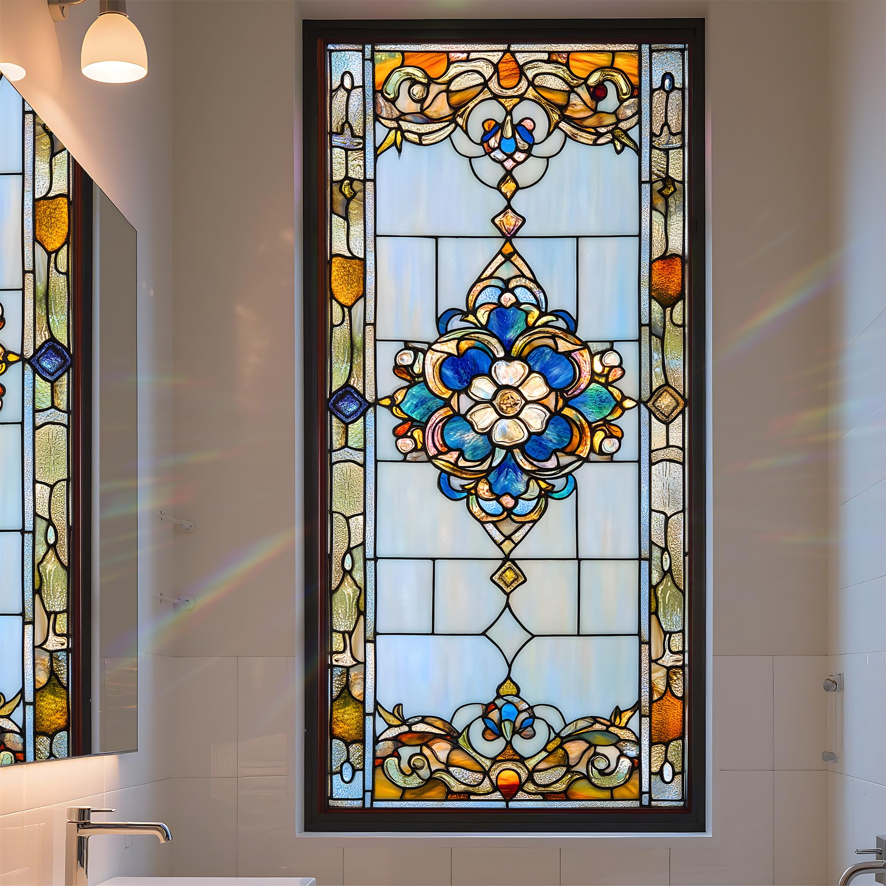 Window Privacy Film, Stunning Sun and Landscape Stained - Glass Mosaic Design, Non - Adhesive Glass Window Covering, Vibrant Summer Decor (H3742)