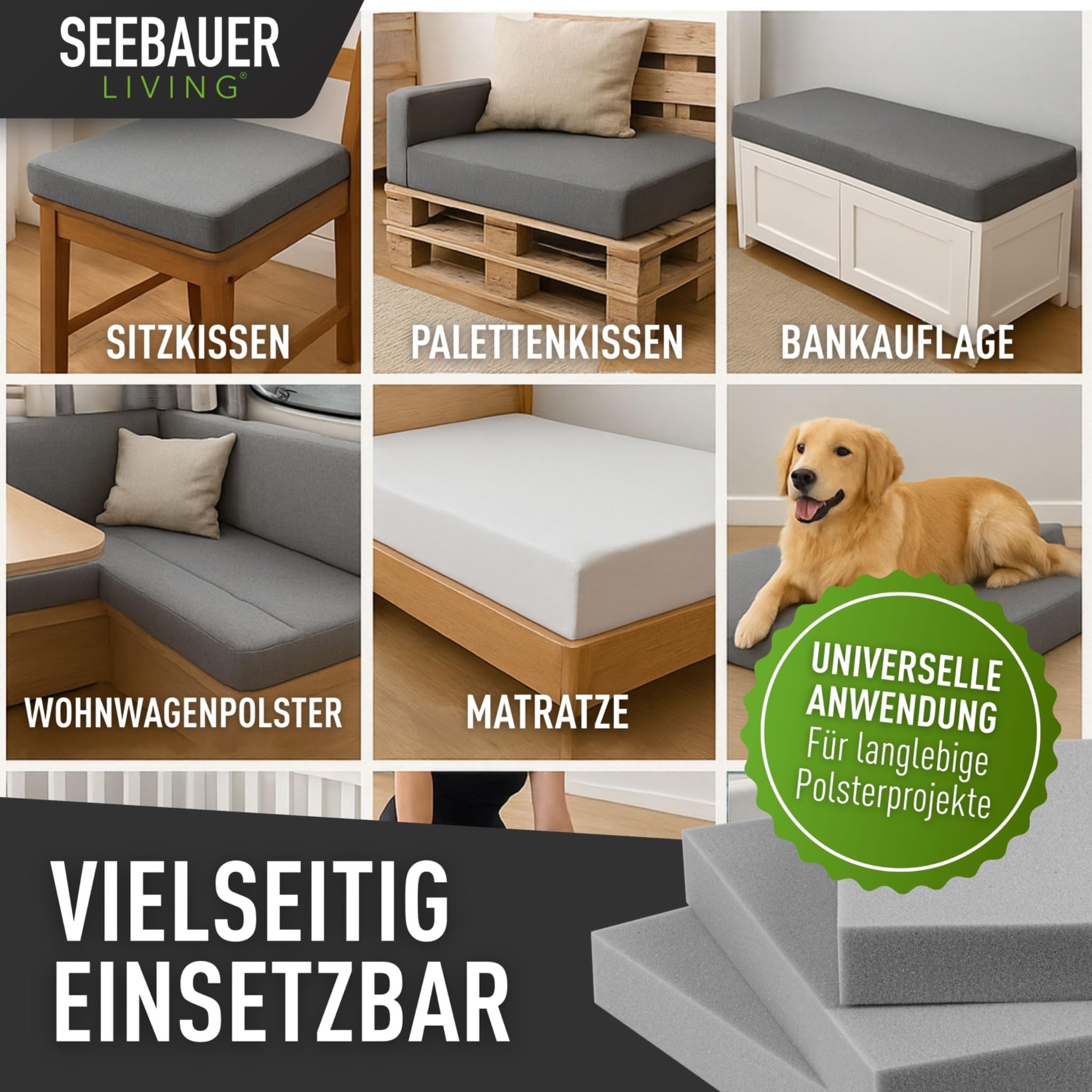 SEEBAUER Living Schaumstoff MEDIUM RG 35/40 (Mittelfest) 50 x 50 x 5 cm Schaumstoffplatte für Polster und Sitzkissen, Polsterschaumstoff als Zuschnitt für Sitzpolster