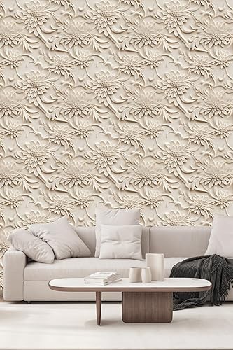 Miniatura 2 de weiseni Papel tapiz floral 3D para despegar y pegar, efecto visual 3D, 17.7"x78.7" pulgadas, autoadhesivo, extraíble, flor marrón amarillento, papel