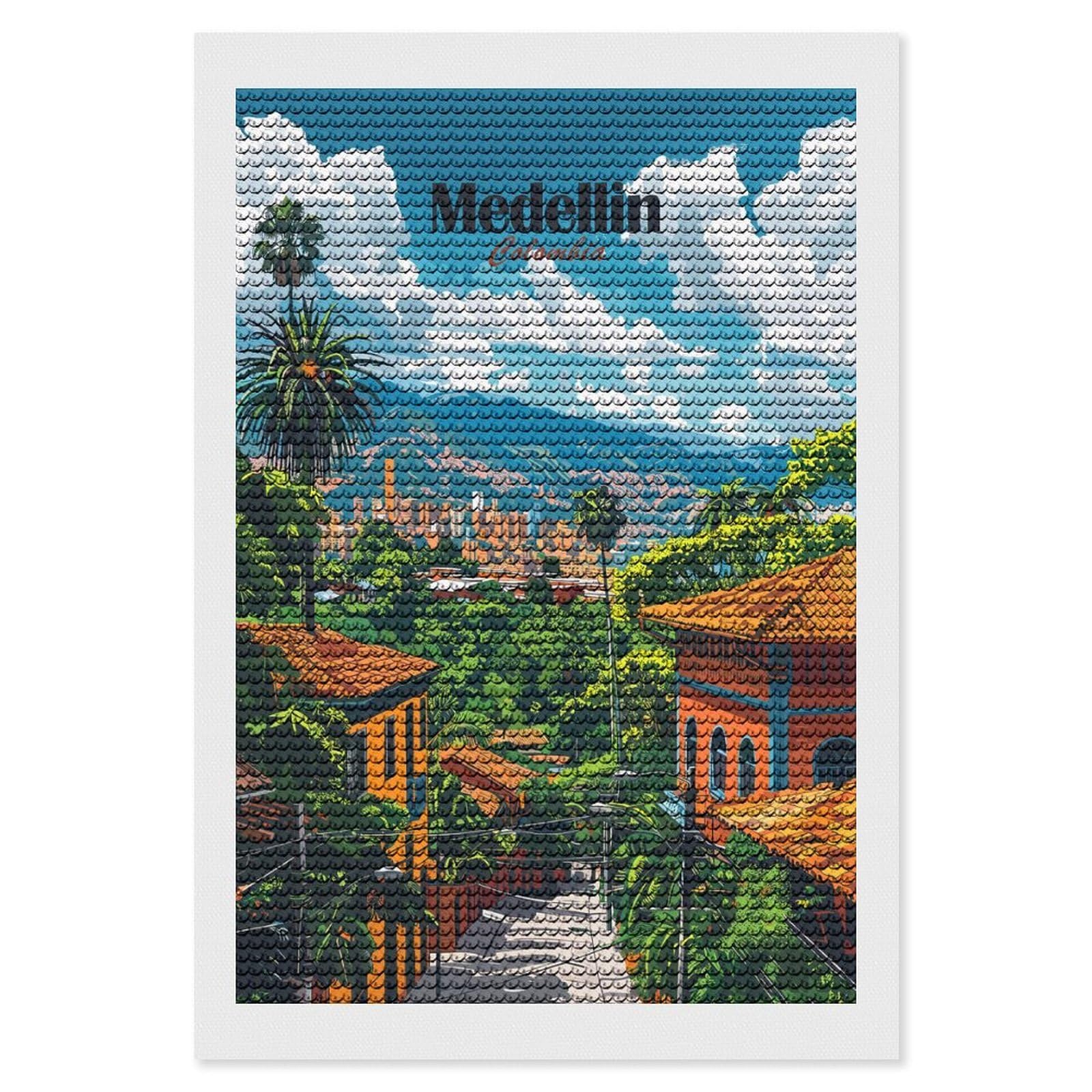Junmoney Medellin Cityscape Diamond Art Canvas 8"x12", for Adults, Printed Canvas, Home Wall Decor, Gift Idea, Mindful Craft Activity