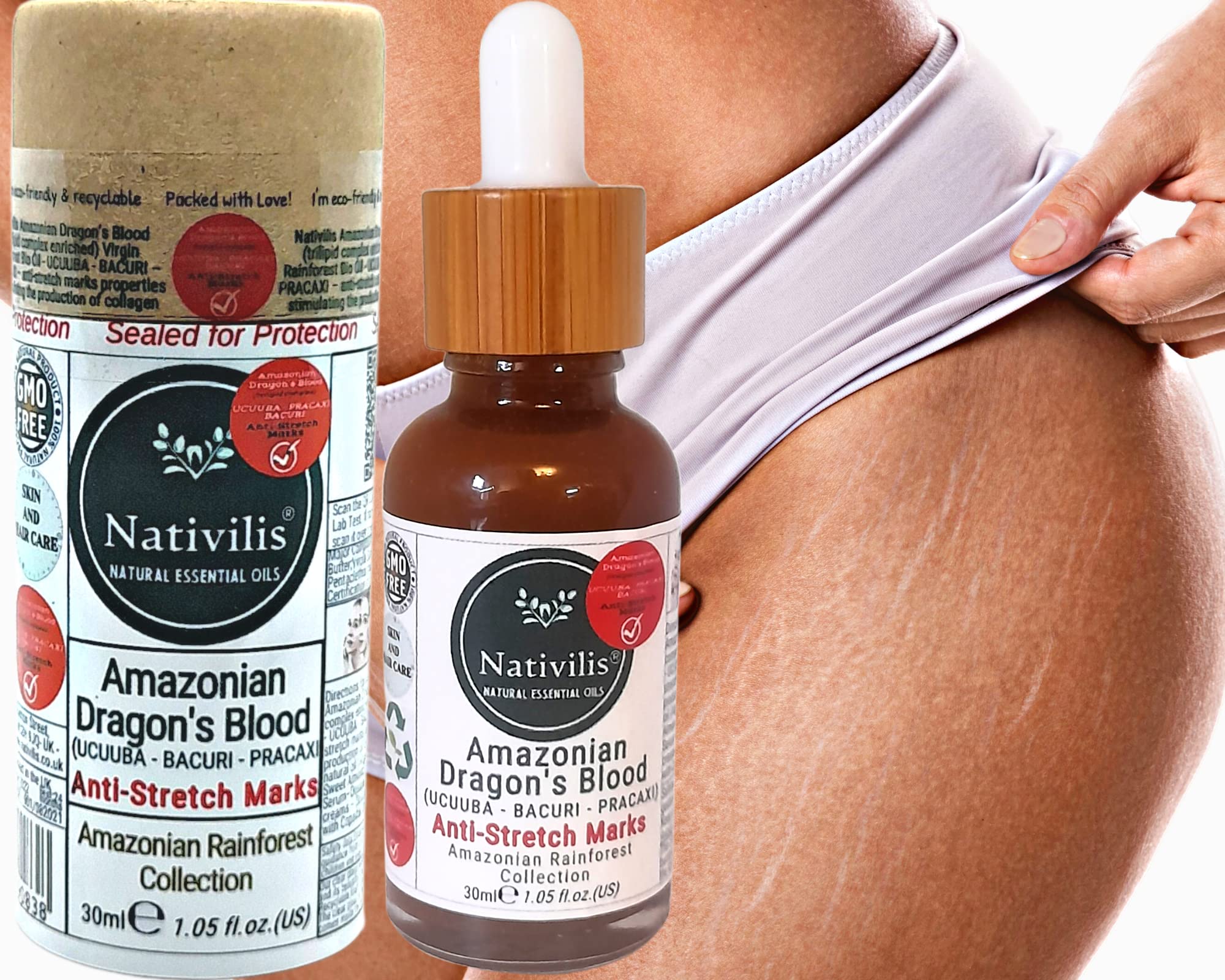 Nativilis Amazonian Dragons Blood (trilipid complex enriched) Virgin Rainforest Bio Oil - UCUUBA - BACURI – PRACAXI – Benefits: anti-stretch marks properties stimulating collagen 30ml - Copaiba