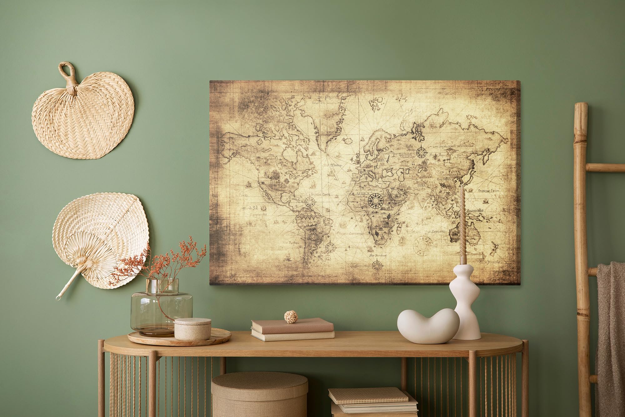 WALLERO HandArt Leinwandbild Antike Weltkarte Vintage – mit Struktur-Effekt | Kunstbilder wie handbemalte Wandbilder für Wohnzimmer Schlafzimmer Flur 40x30