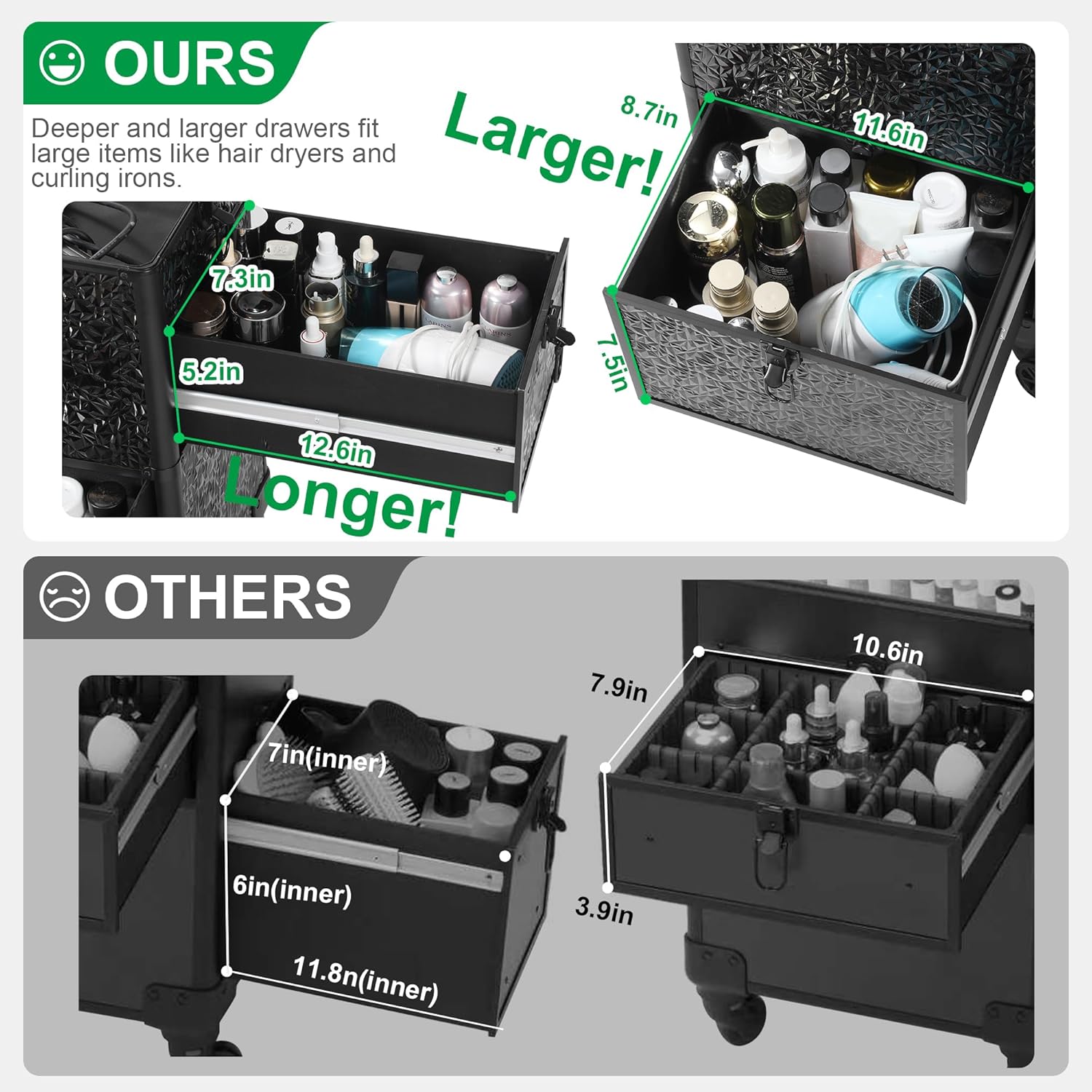 Rolling Makeup Case with Lighted Mirror, Makeup Train Case with Large Drawer, Cosmetology Case, Travel Makeup Organizers, Professional for Salon Barber, Nail, Tattoo, Black - Image 4