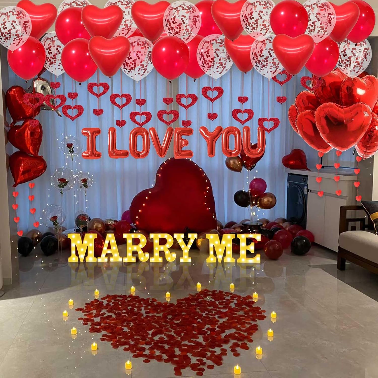 Marry Me Light Up Letters Proposal Decorations, 7Pcs 8.5" Marry Me Sign, 24Pcs Flameless Candles 2000Pcs Red Fake Rose Petals 8Pcs I Love You Letter Balloons 55Pcs Latex Heart Balloon Valentine's Day