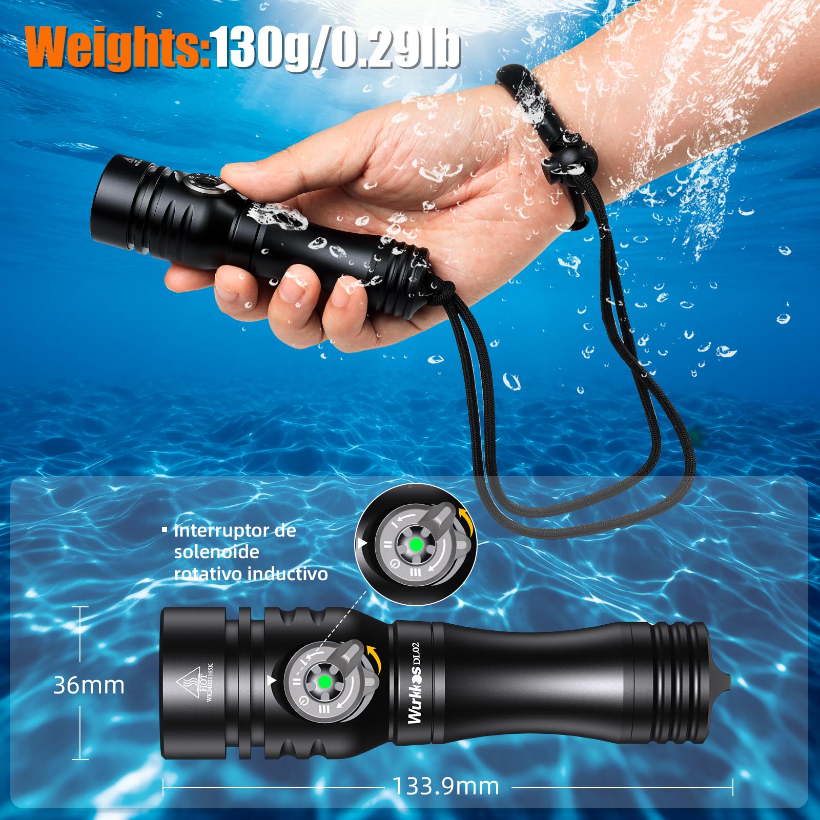 Wurkkos DL02 Linterna de Buceo Led, Antorcha de Buceo de 3000 Lúmenes con Indicador de Potencia, IPX8 Impermeable Profesional Recargable Luz de Buceo para Cueva 100m Submarina
