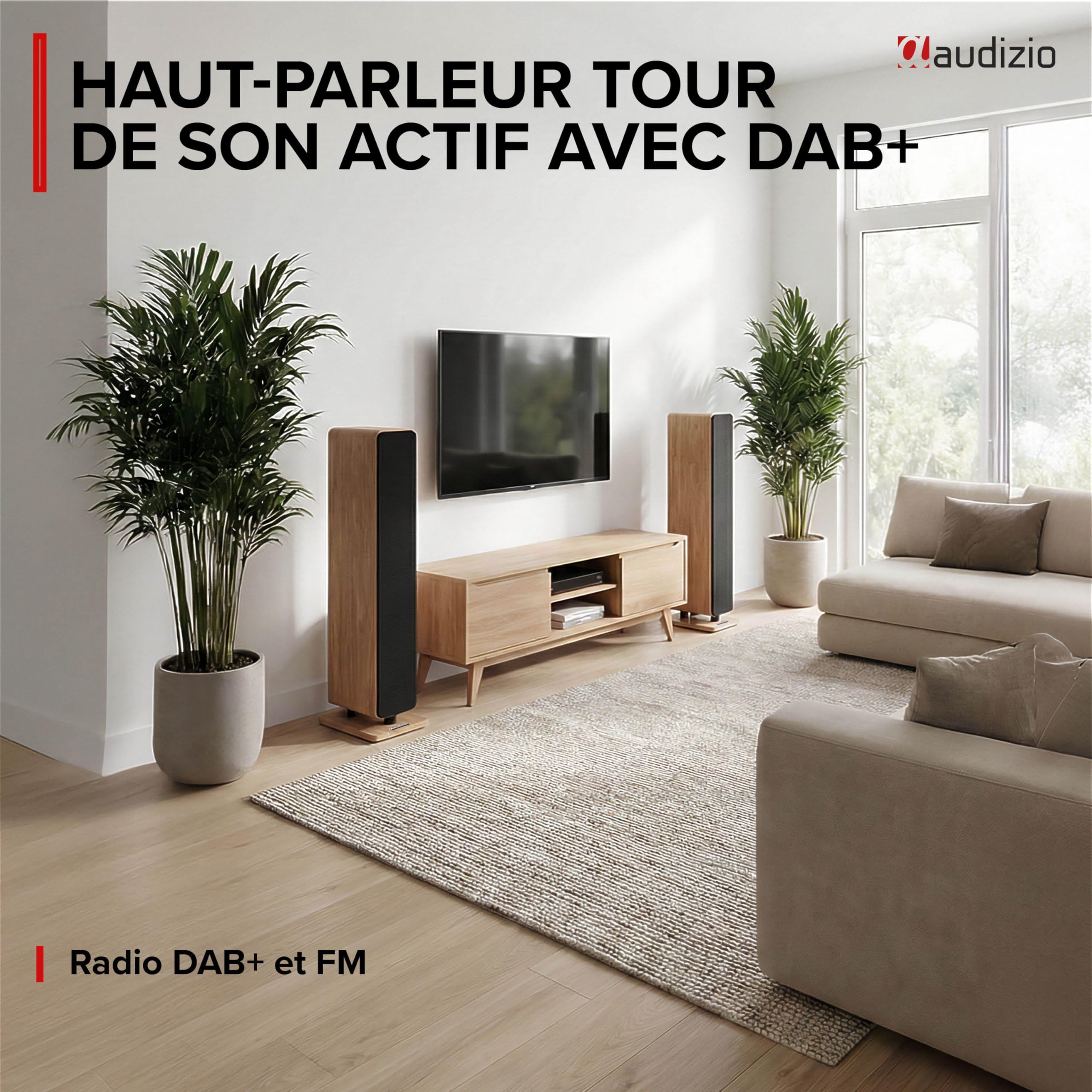Audizio ARCO - Enceinte Colonne Hi-FI Active Chêne Clair avec Radio Dab+ 160W avec 3 Woofers 4″ - Tour de Son BT, USB, Optique