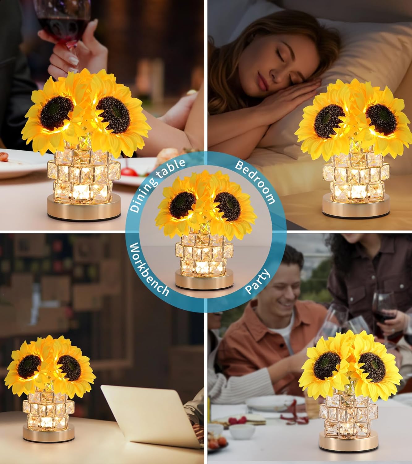 AIHYING Sunflowers Flower Lamp,Rechargeable Cordless Touch Lamp,3-Colour Infinitely Dimming Small Night Light,Crystal Table Lamp,Christmas/Mother's Day/Birthday Gifts for Women,Home Decor.