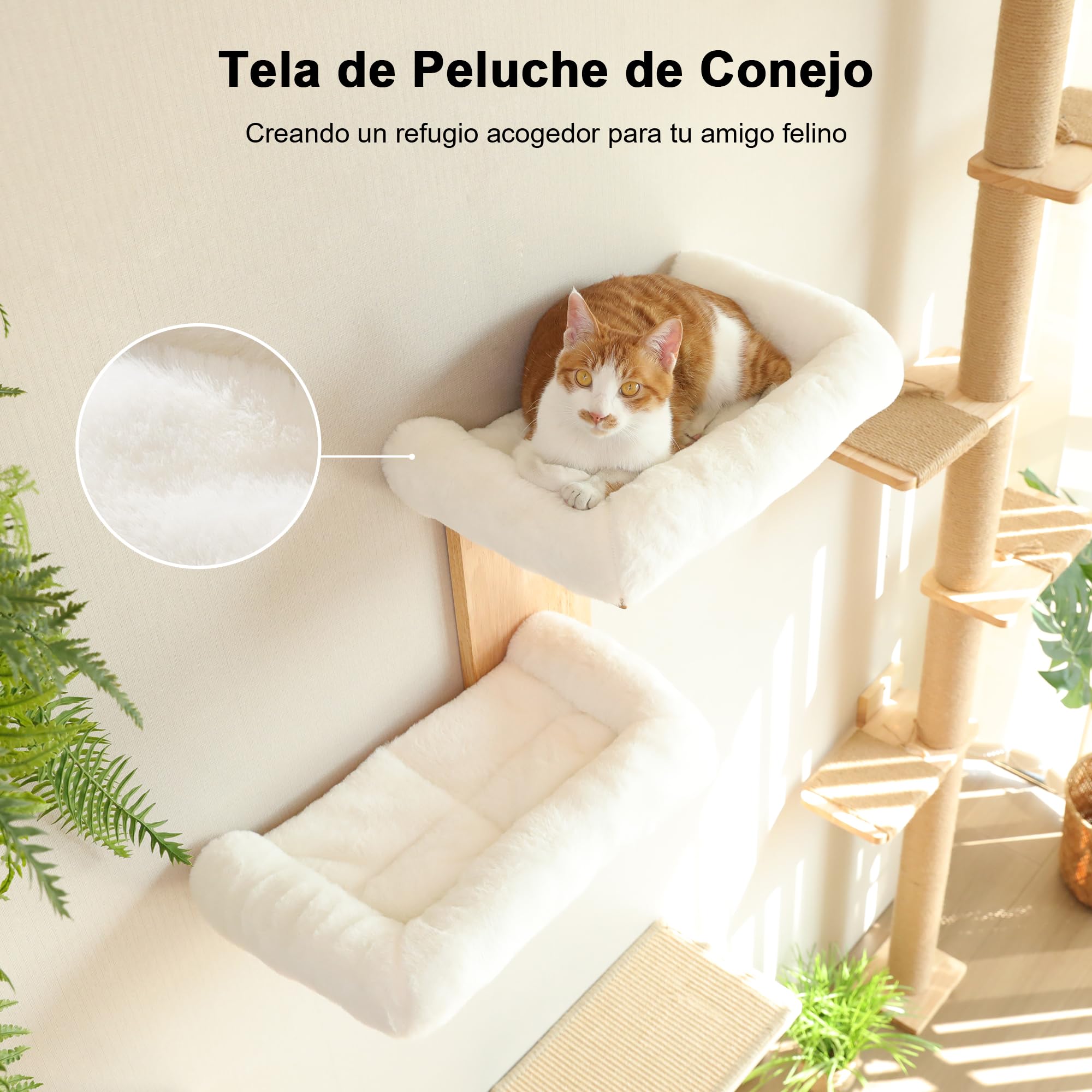 FUKUMARU Estantes de pared para gatos, 2 plataformas, muebles de pared para gatos, estante flotante en forma de árbol con cojín suave, percha de madera maciza para gatos de 16 pulgadas, apto para