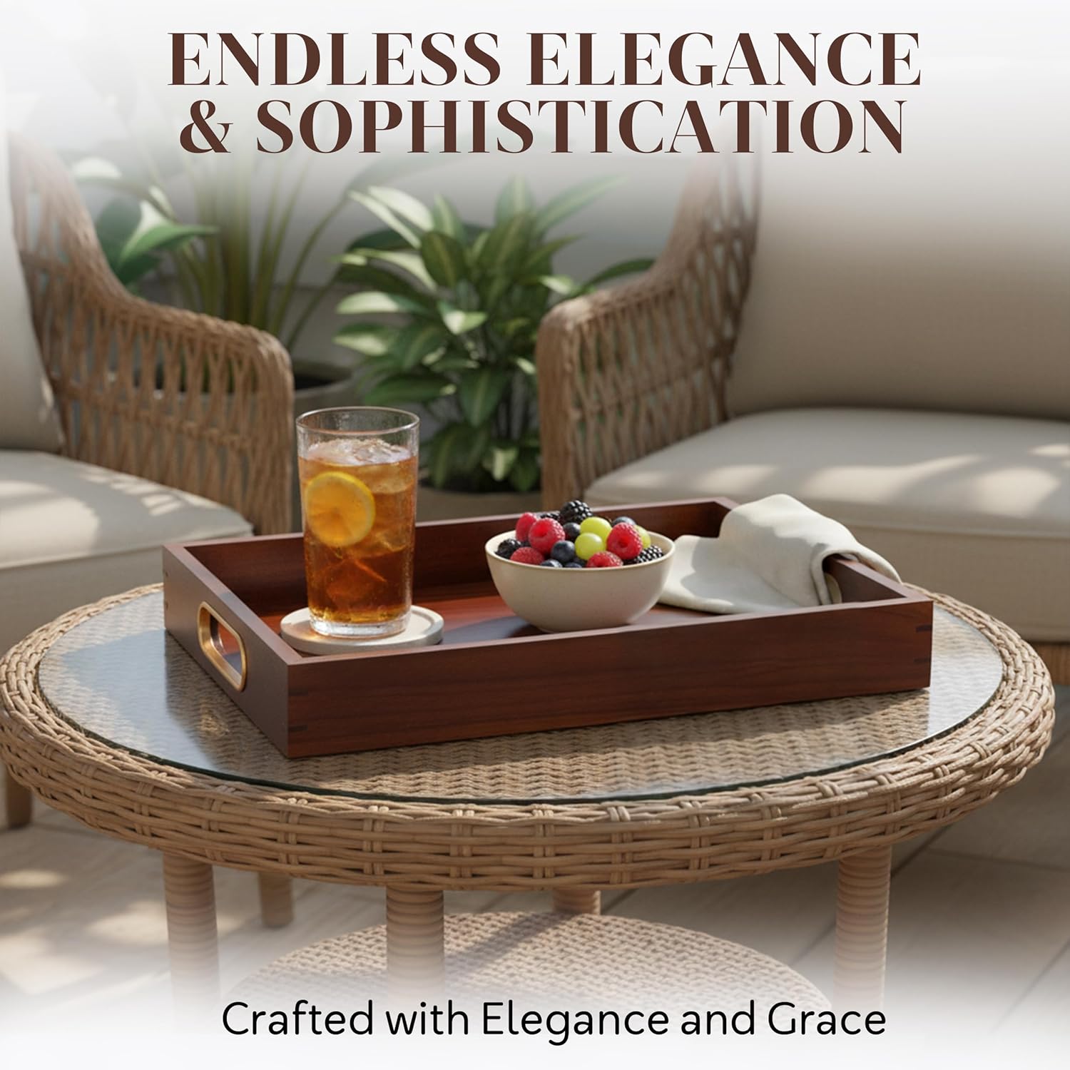 Jack & Juliet Teak Wood Ottoman Tray – Large Wooden Multifunctional Tray with Real Brass Handles - Non Slip Base in Food-Safe Finish - Gift-Ready Packaging for Coffee Table and Home Decor (Walnut)