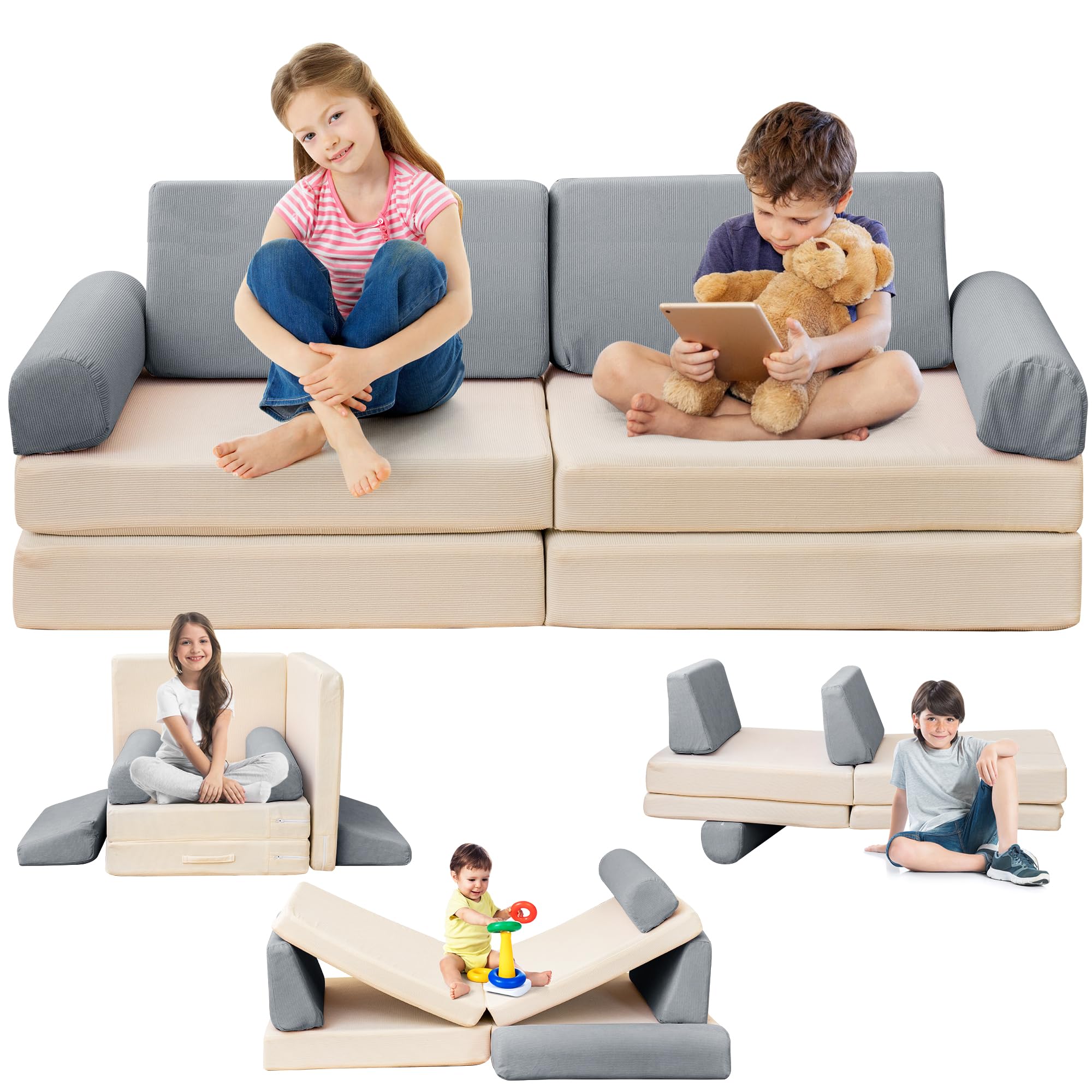 Stmoze Modular Kids Play Couch, 5 Second Quick Bounce High Density Foam, Corduroy Fabric, Kids Sofa That Inspires Toddler Creativity for Playroom
