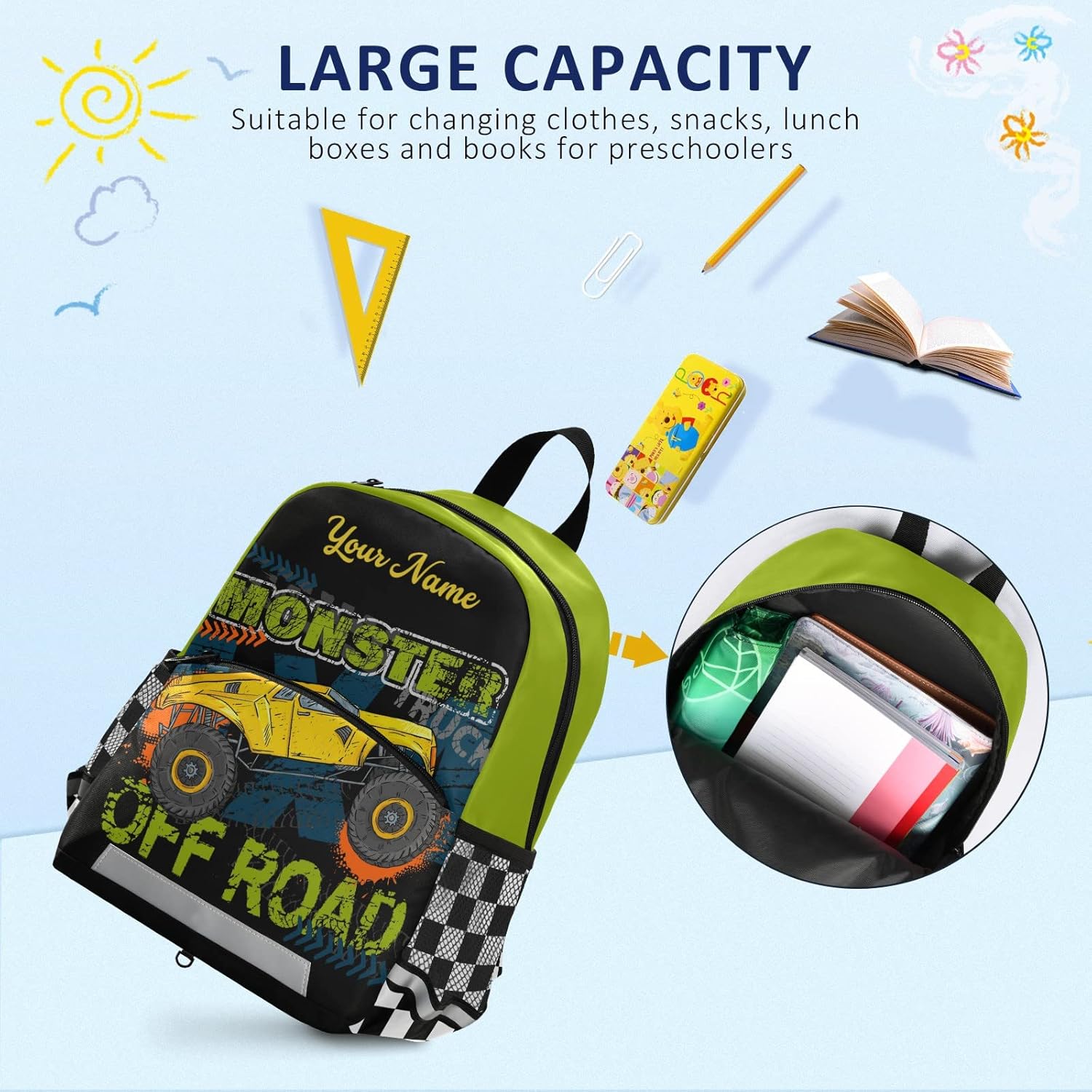 Custom Monster Truck Backpack for Boys Girls – Personalized Preschool Bag with Name for School & Travel