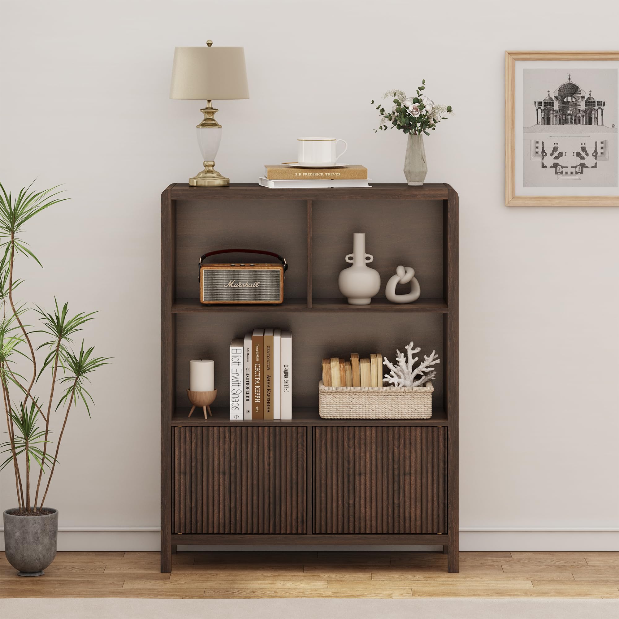 [en.casa] Highboard Lukkodso Kommode Sideboard 103 x 80 x 28 cm Mehrzweckschrank Wohnzimmerschrank mit 2 Türen und 5 Fächern Schrank für Wohnzimmer Walnussoptik