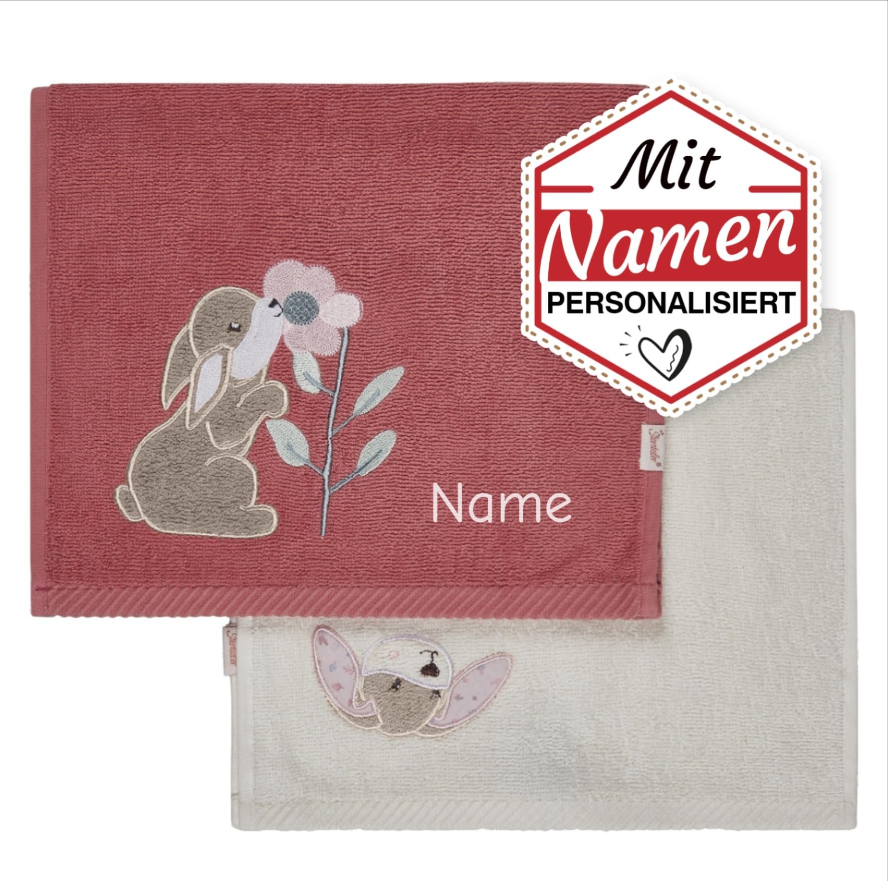Sterntaler Kinderhandtuch mit Namen Hanni Hase, Bestickt - 2er Set Händehandtuch 50x30 cm, 100% Baumwolle, Hängeschlaufe, schnelltrocknend - Geschenk zu Geburt Taufe Ostern