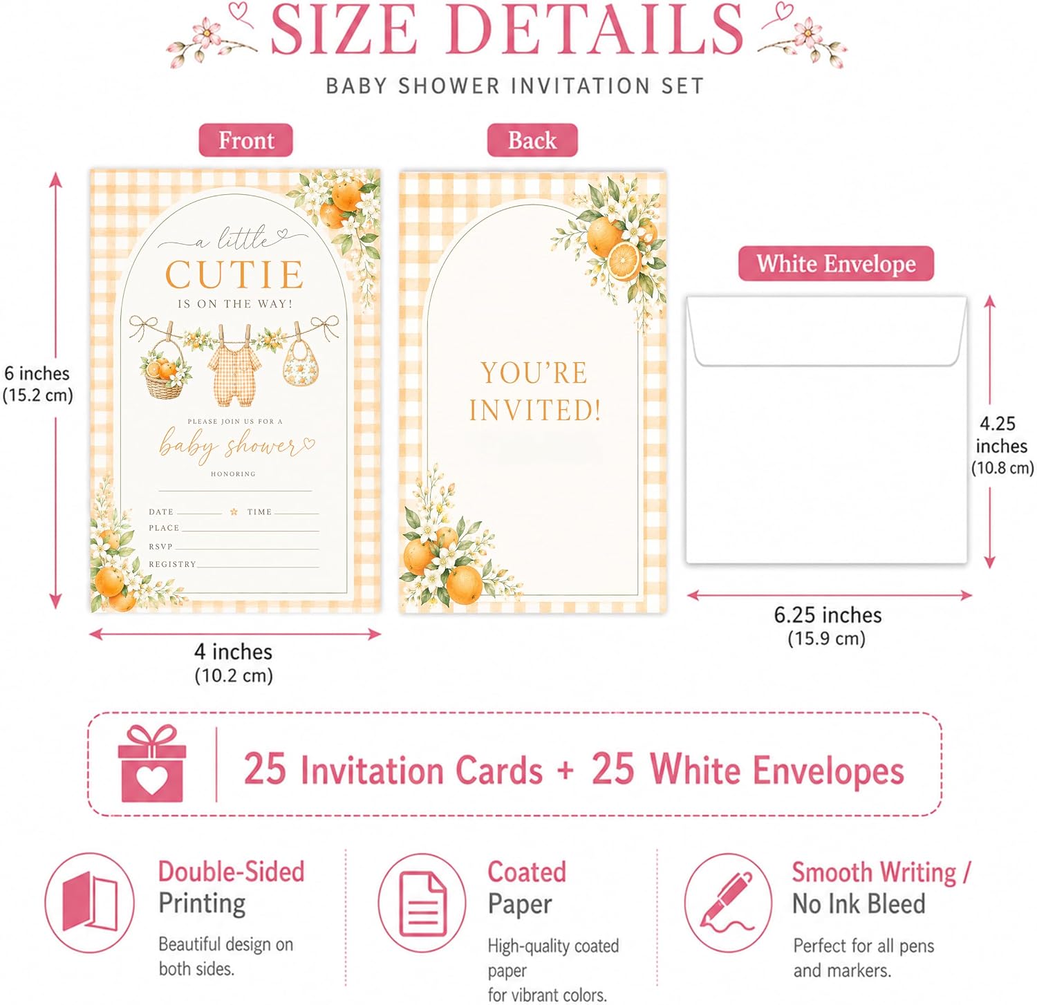 A Little Cutie Is On The Way Baby Shower Invitations, 25 Orange Citrus Baby Shower Invites with Envelopes For Boys & Girls, Baby Announcement, Gender Reveal Party Favor and Supplies image 2