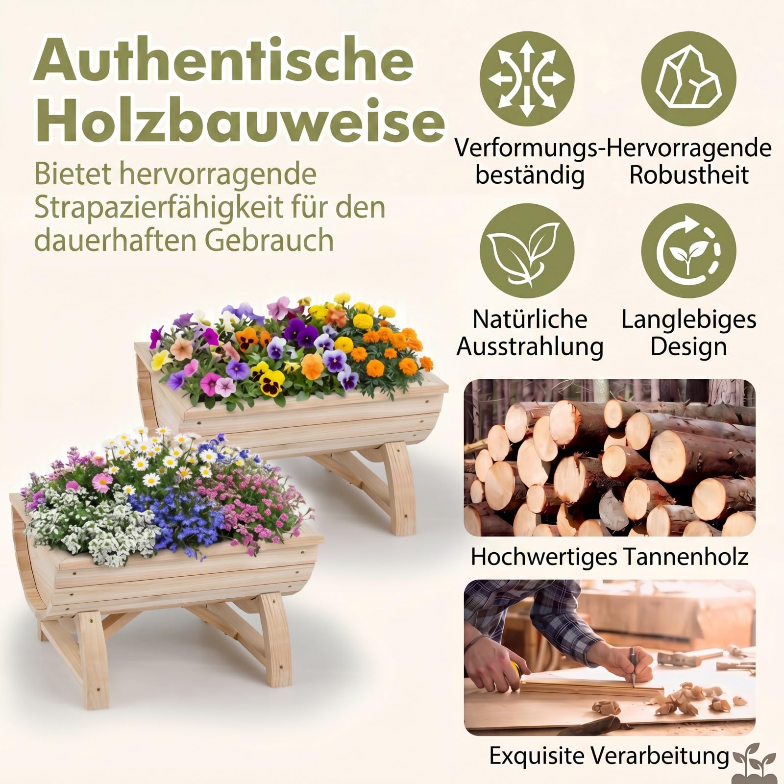 GOPLUS Blumenkasten 2er Set, Hochbeet aus Holz, Pflanzkasten mit Entwässerungsloch & Beinen, halbes Blumenfass für Gemüse, Kräuter, Obst, Outdoor Gartendeko, Blumentopf Blumenbeet für Garten & Balkon