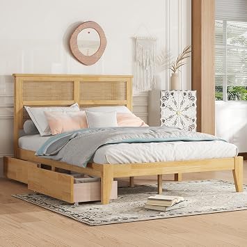 Full Bed Frame with Rattan Headboard,Rubber Wooden Boho Bed Frames with 2 Storage Drawers and Support Legs,No Box Spring Needed, White Oak