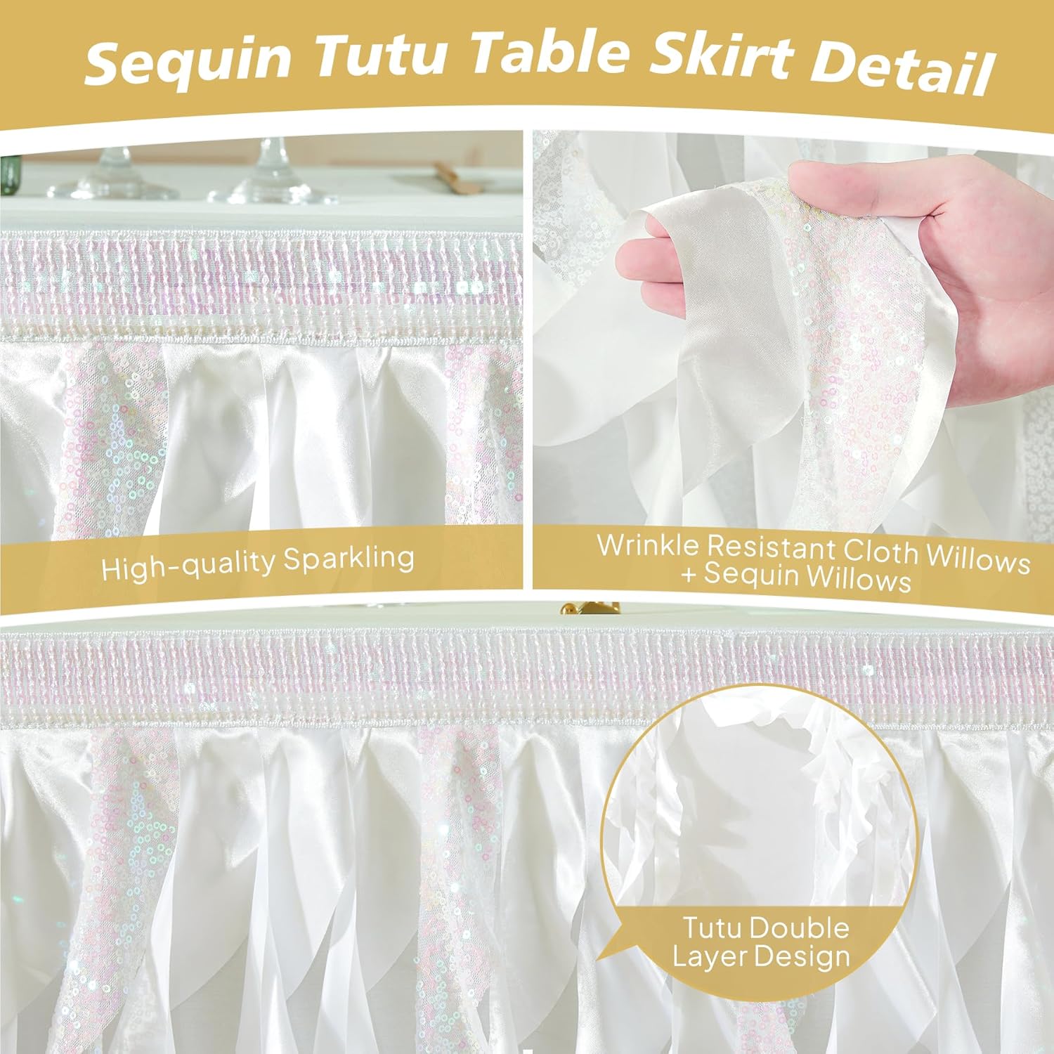 Wish Care 9ft White Sequin Table Skirt for Rectangle Tables Glitter Curly Willow Tutu Skirt Ruffle Table Cloth Desk Skirts for Wedding Birthday Baby Shower Party Banquet Table Skirting Decorations