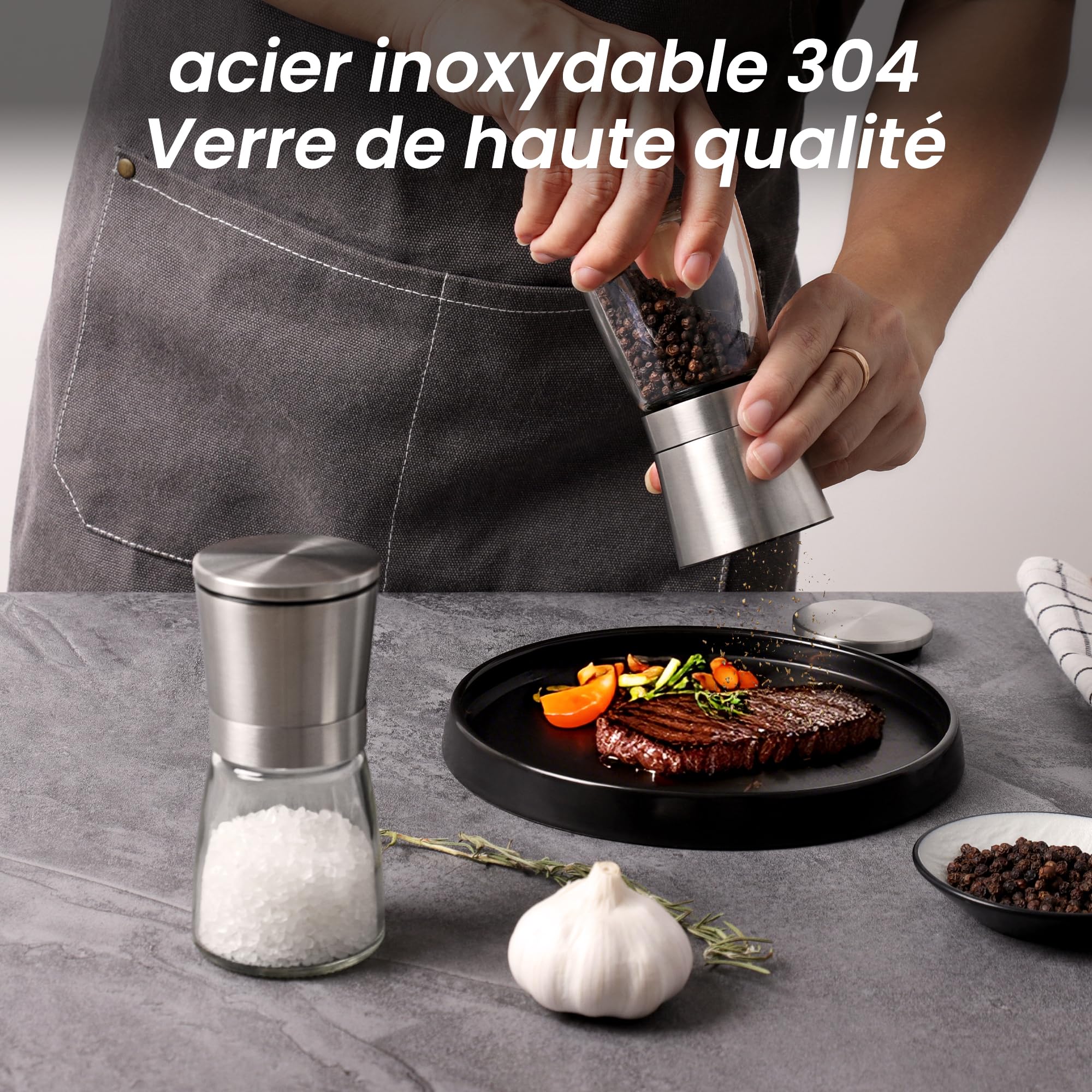 Vevouk Ensemble de moulins à sel et à poivre en céramique réglable grossière et fine pour cuisine