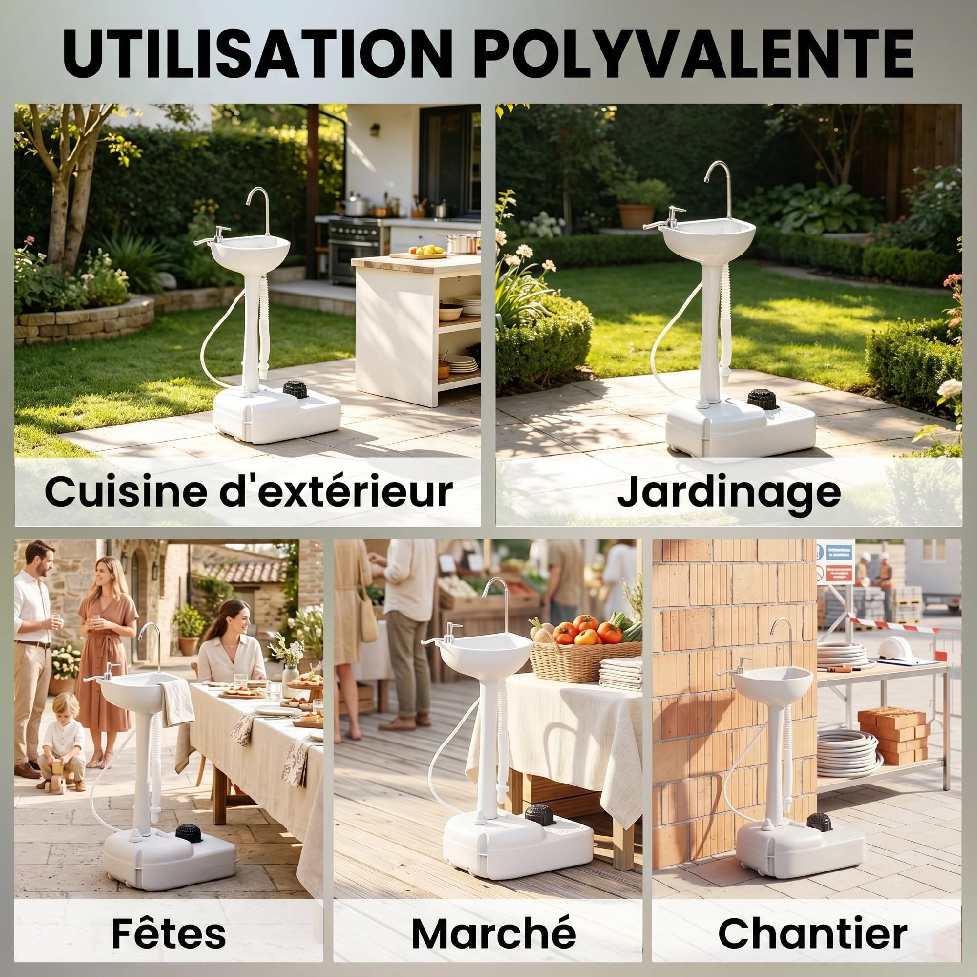 Outsunny Évier de Camping Portable, lavabo Portable pour Camping, Station Lavage avec Roues, Distributeur de Savon et Porte Serviettes, lavabo Mobile pour événements en Plein air, Gris