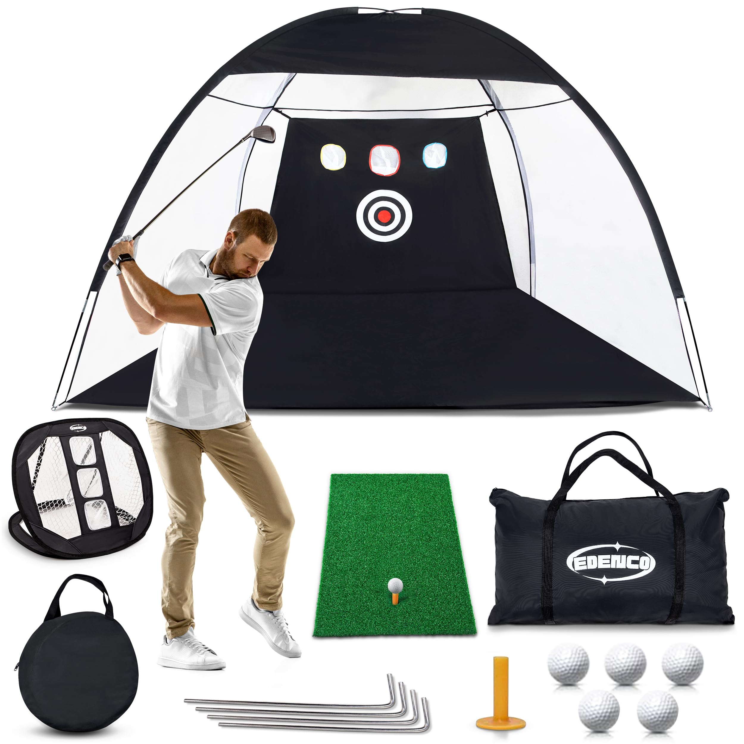 Golf Practice Net and Mat Set, 10ft x 7ft Golf Net Set - Golf Net and Mat Set with Driving Net, Chipping Net, 5 Real Golf Balls, Practice Mat, Practice Tee - All in One Backyard Golf Practice