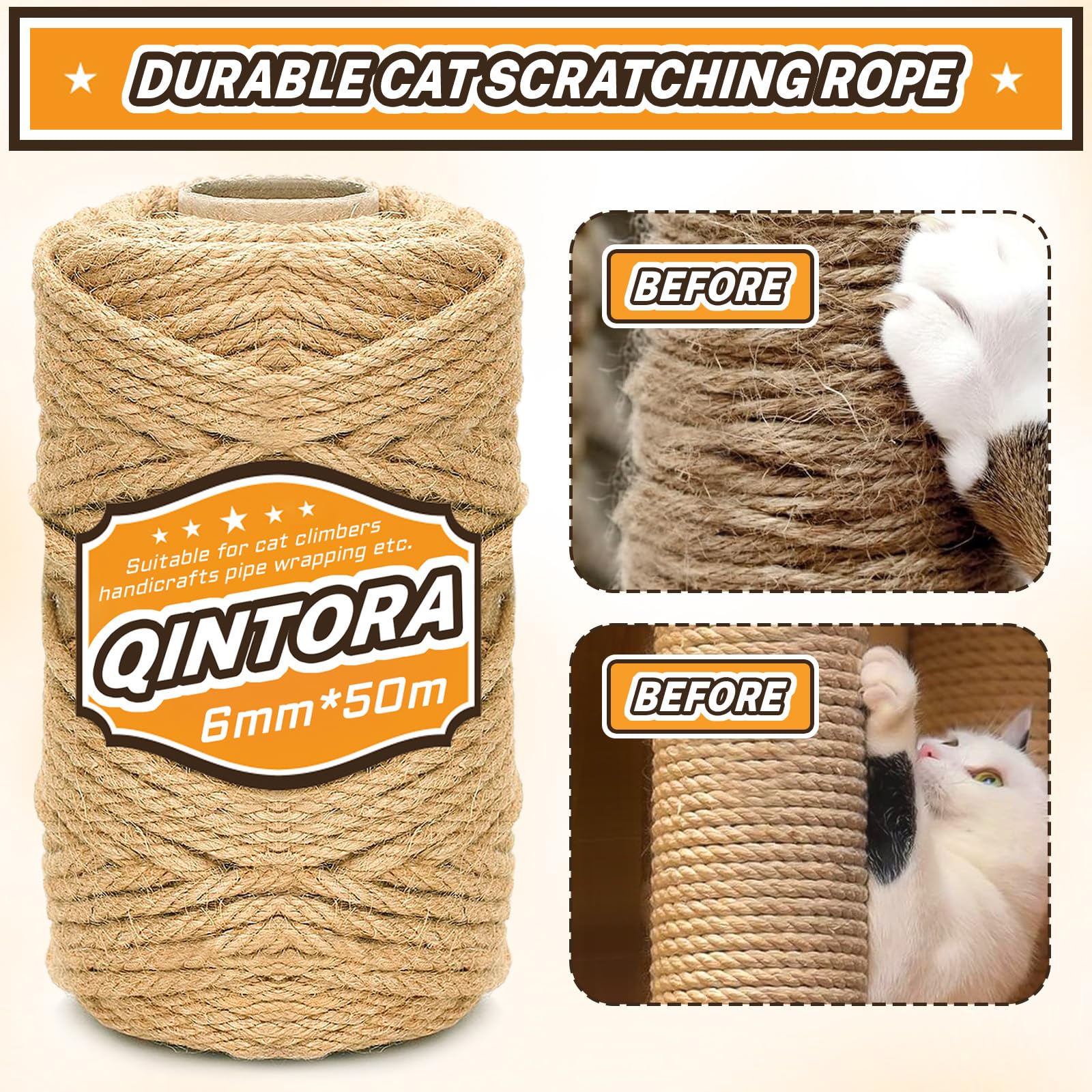 Corda In Sisal Naturale Spessore 6 Mm, Per Fai Da Te Tiragraffi E Alberi Per Gatti, Lunghezza Variabile (10/30/50 M)