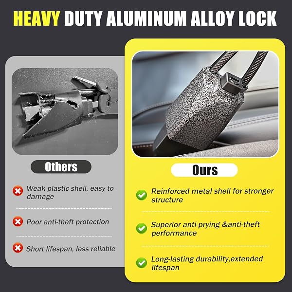 Steering Wheel Lock, Car Steering Wheel Locks, Car Seat Belt Lock with Metal Head, High Visibility Car Lock Anti-Theft Device for Car, SUV, Pickup, Van, RV, 3 Keys (Red) - 2