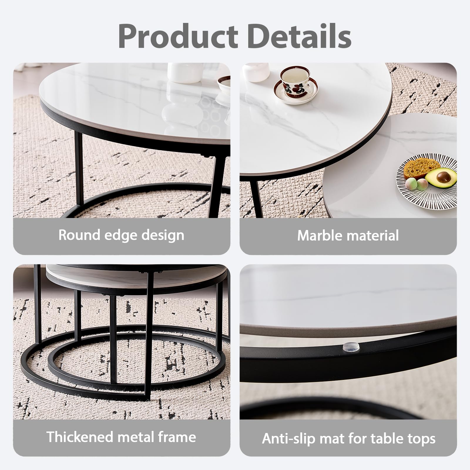 GrandCA HOME Set di 2 Tavolini Rotondi da Caffè, Tavolini Impilabili Moderni per il Soggiorno, Struttura in Metallo Nero, 50 cm e 70 cm, Realizzati in Marmo Bianco e Pietra Sinterizzata