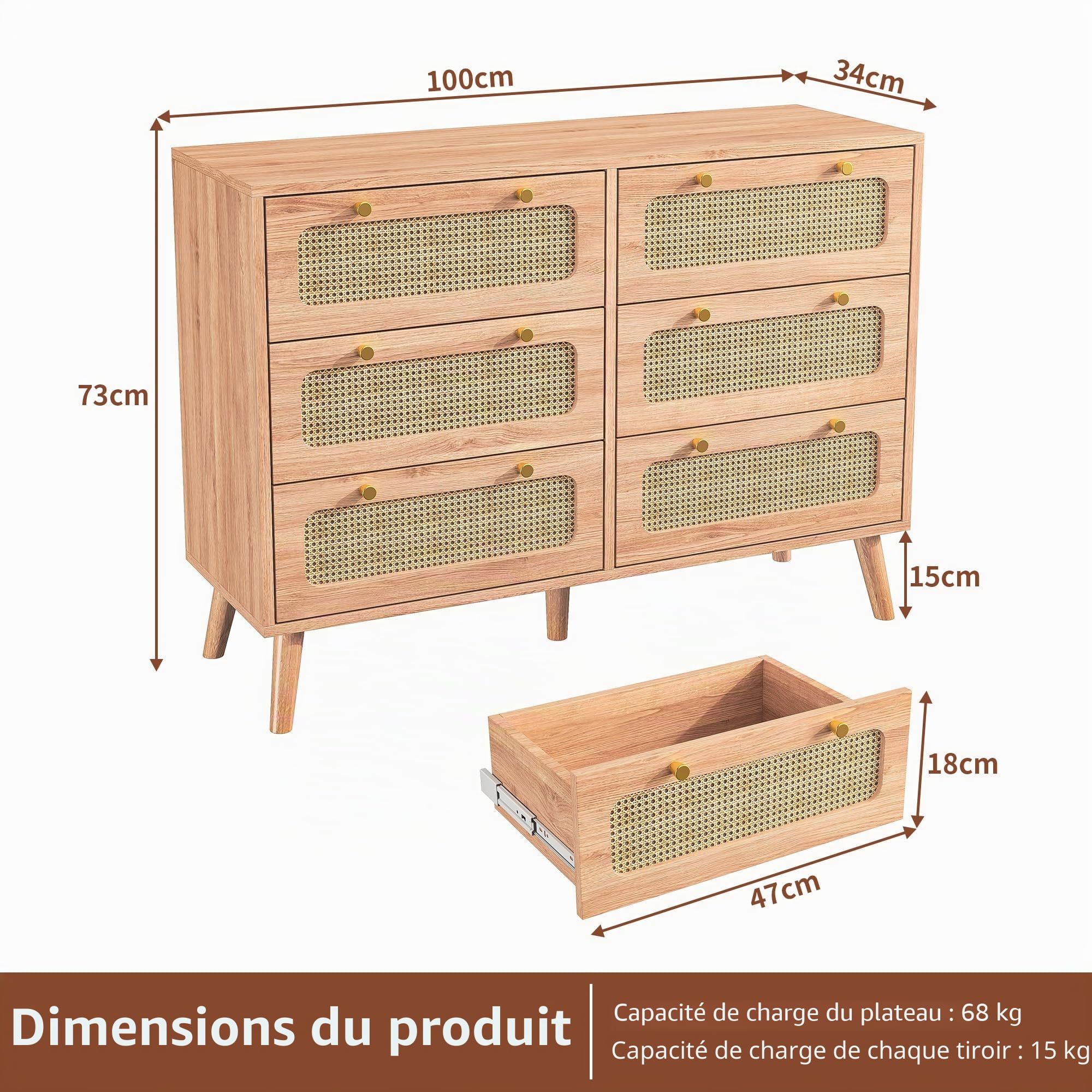 BestAlice Rotin Commode avec 6 tiroirs, Commode 6 tiroirs Meuble de Rangement, Commode Chambre 100 x 34 x 73 cm Commode avec, Meuble de Rangement pour Chambre Salon (6 Tiroirs)
