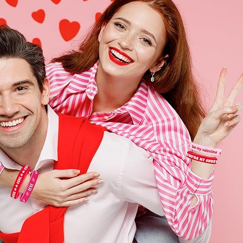 Miniatura 6 de 60 pulseras de silicona para el día de San Valentín, 6 diseños de corazón rojo y rosa con texto en inglés "You're My Sweet", pulseras de goma para