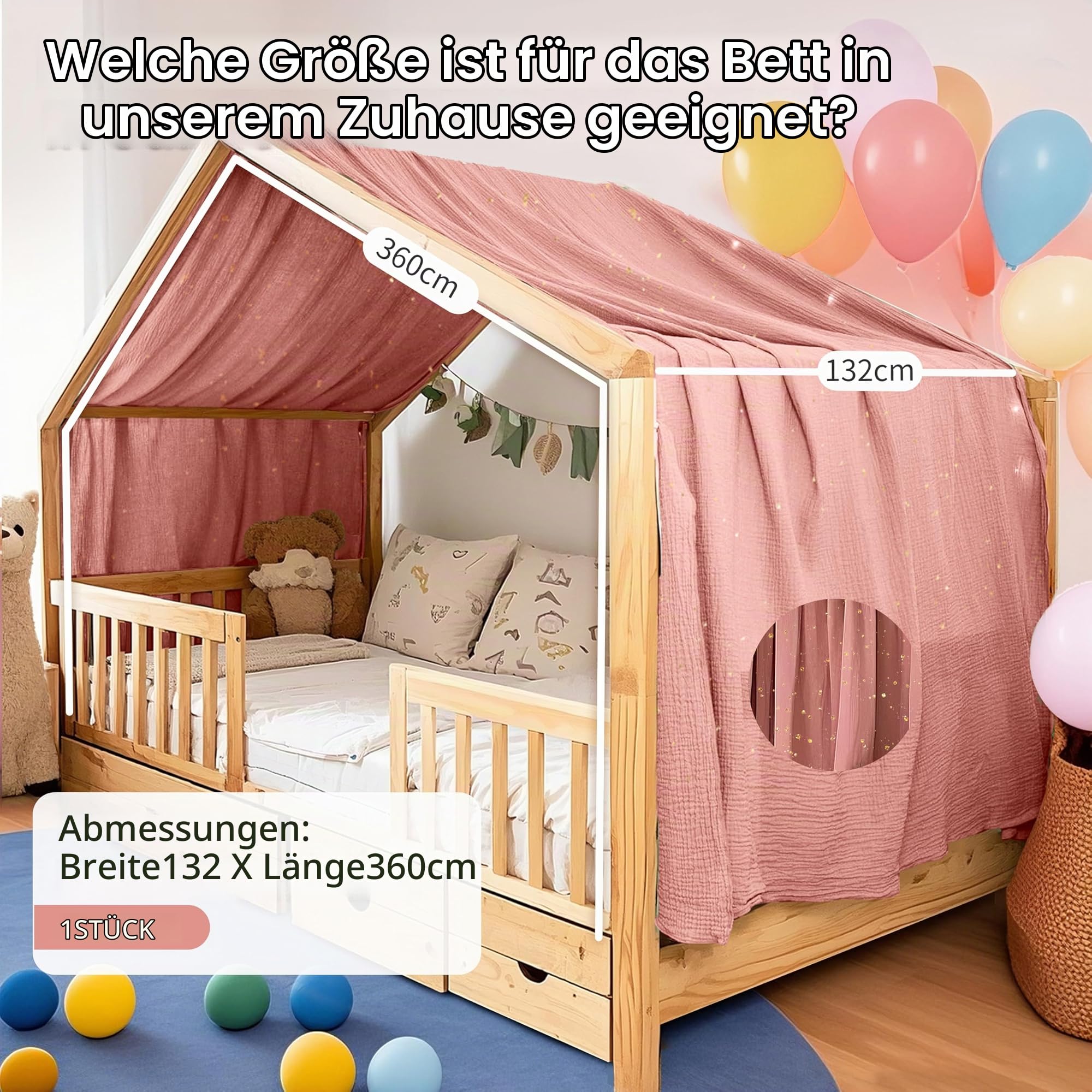 Home Bettbezug mit Goldener Applikation, handgefertigt aus 100% Baumwoll-Musselin, Stoffhimmel für die Hausbett-Dekoration, geeignet für Mädchen und Jungen (Altrosa, 132 x 360 cm)