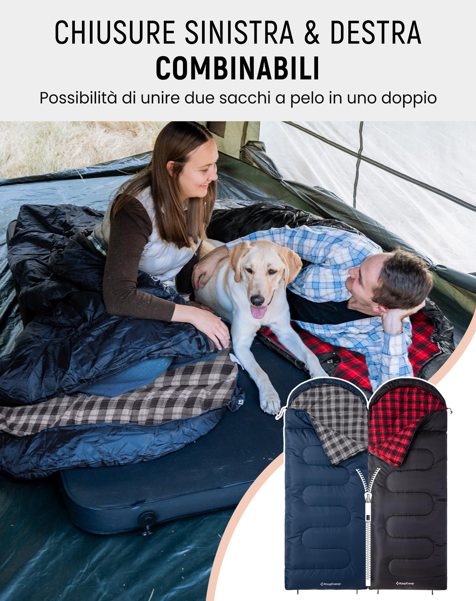KingCamp Sacco a Pelo Invernale,4 Stagioni,Adulti XL in Flanella Cotone 230 x 90 cm,Caldo, Portatile Leggero Sacchi Pelo Campeggio all'aperto