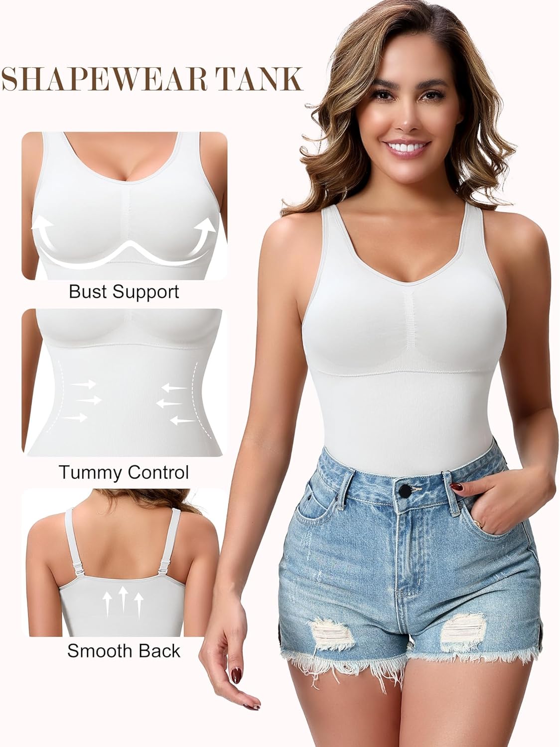 Compression Shapewear Tank Tops for Women, V Neck Halter Tank with Built in Bra, Tummy Control Body Shaper