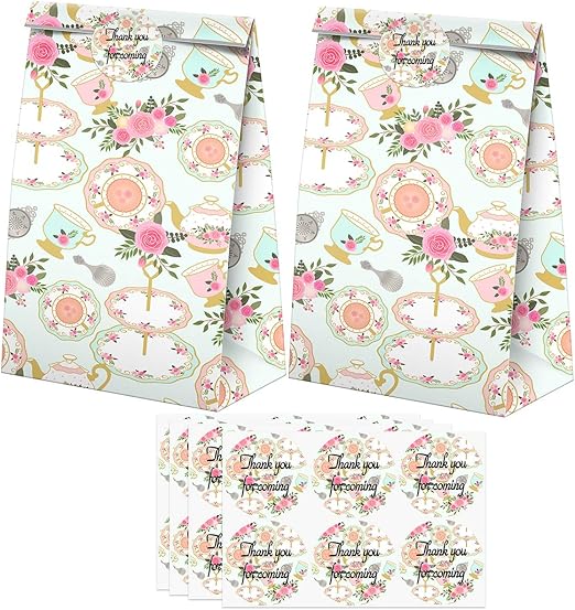 24 Pcs Tea Party Goodie Bags with Stickers - Tea Themed Birthday Party Favor Bags, Perfect for Kids' Tea Party Supplies and Treat Bags
