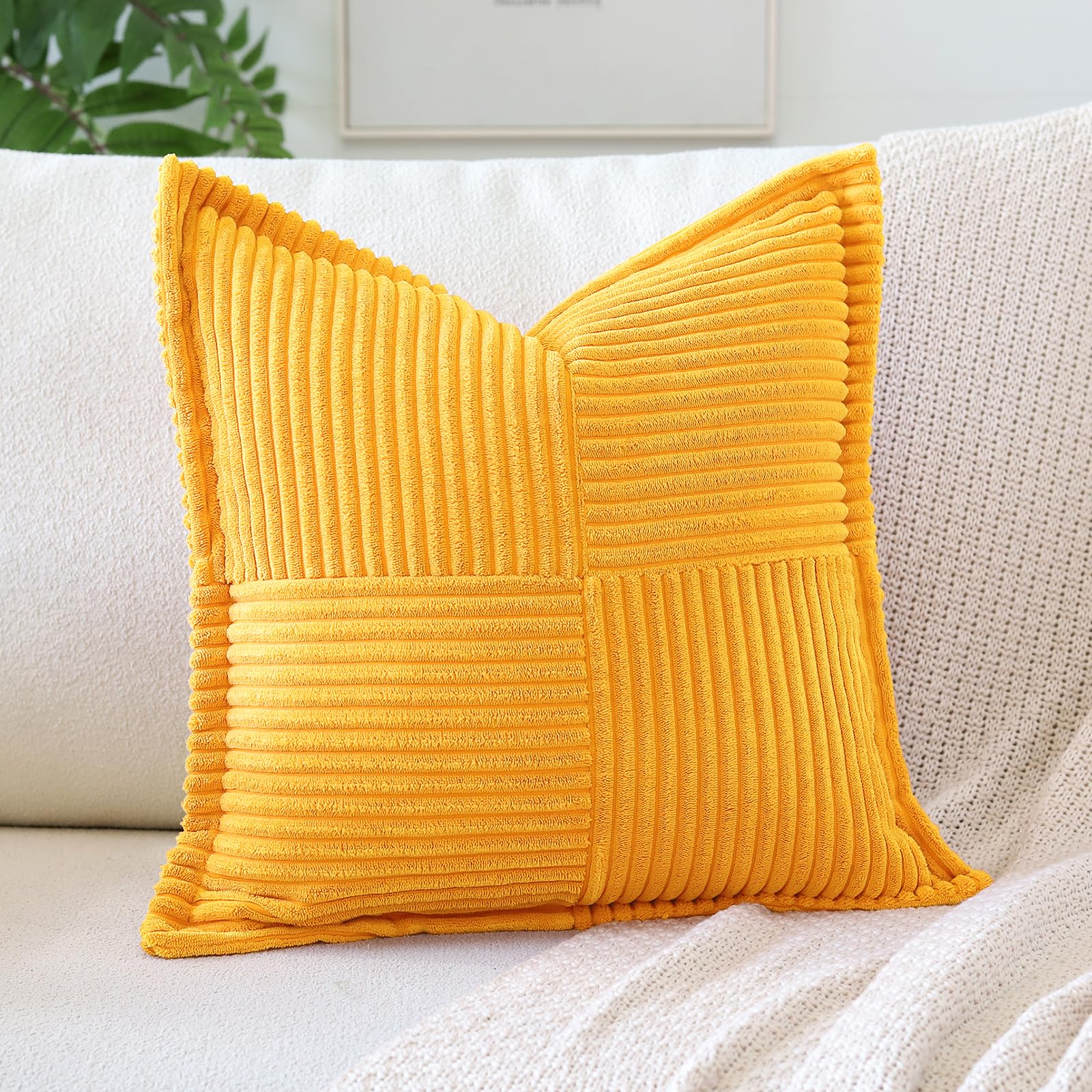 Artscope Striped Corduroy Cushion Covers with Splicing Super Soft Boho Pillow Covers Broadside Decorative Textured Throw Pillows for Couch Sofa Bed Living Room 50x50cm, Gold Yellow