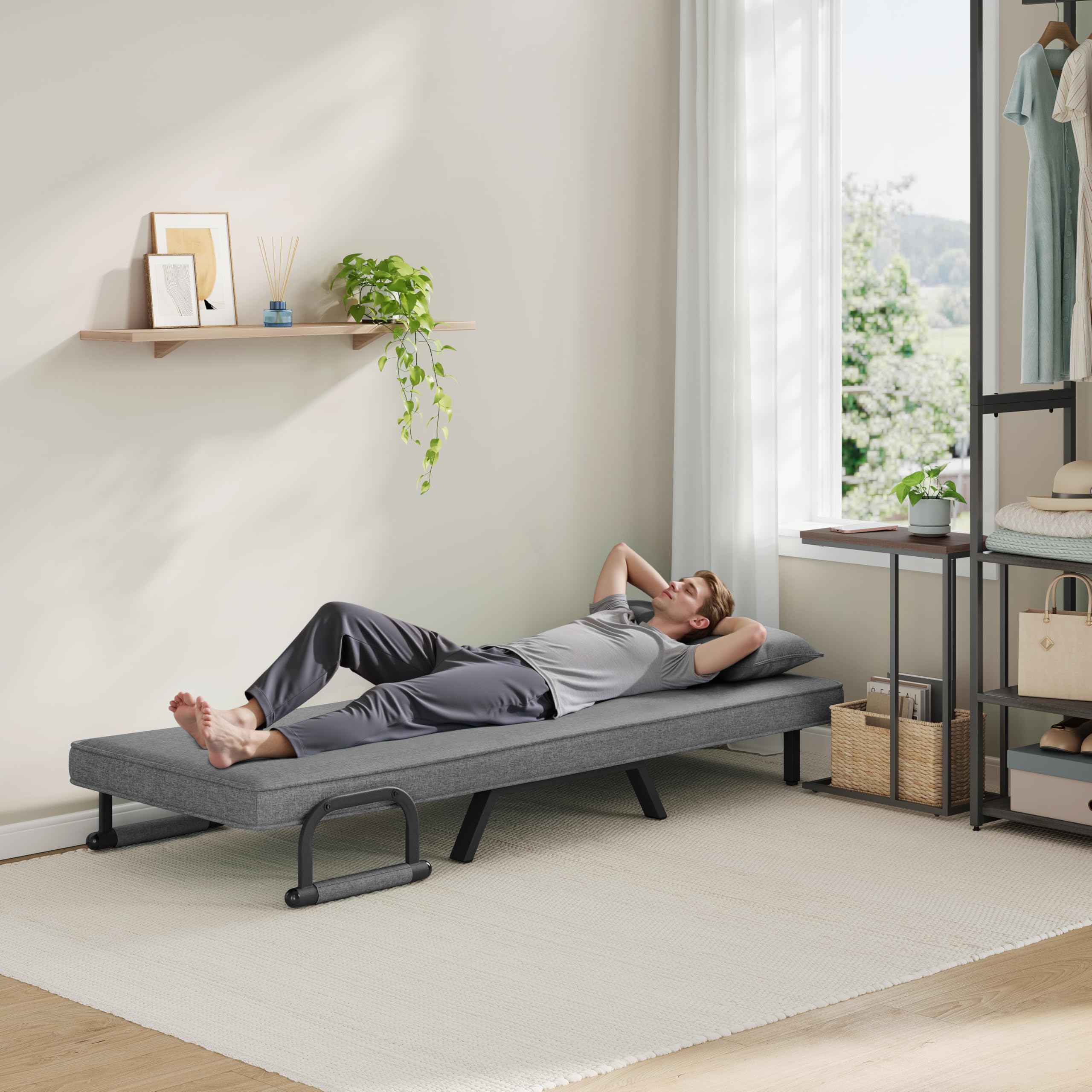 WOLTU Poltrona Relax Reclinabile Convertibile, Divano Letto Trasformabile 3 in 1, con Schienale Regolabile in 5 Posizioni, Cuscino Rimovibile, Seduta Imbottita, 80x74x82cm, Grigio Scuro