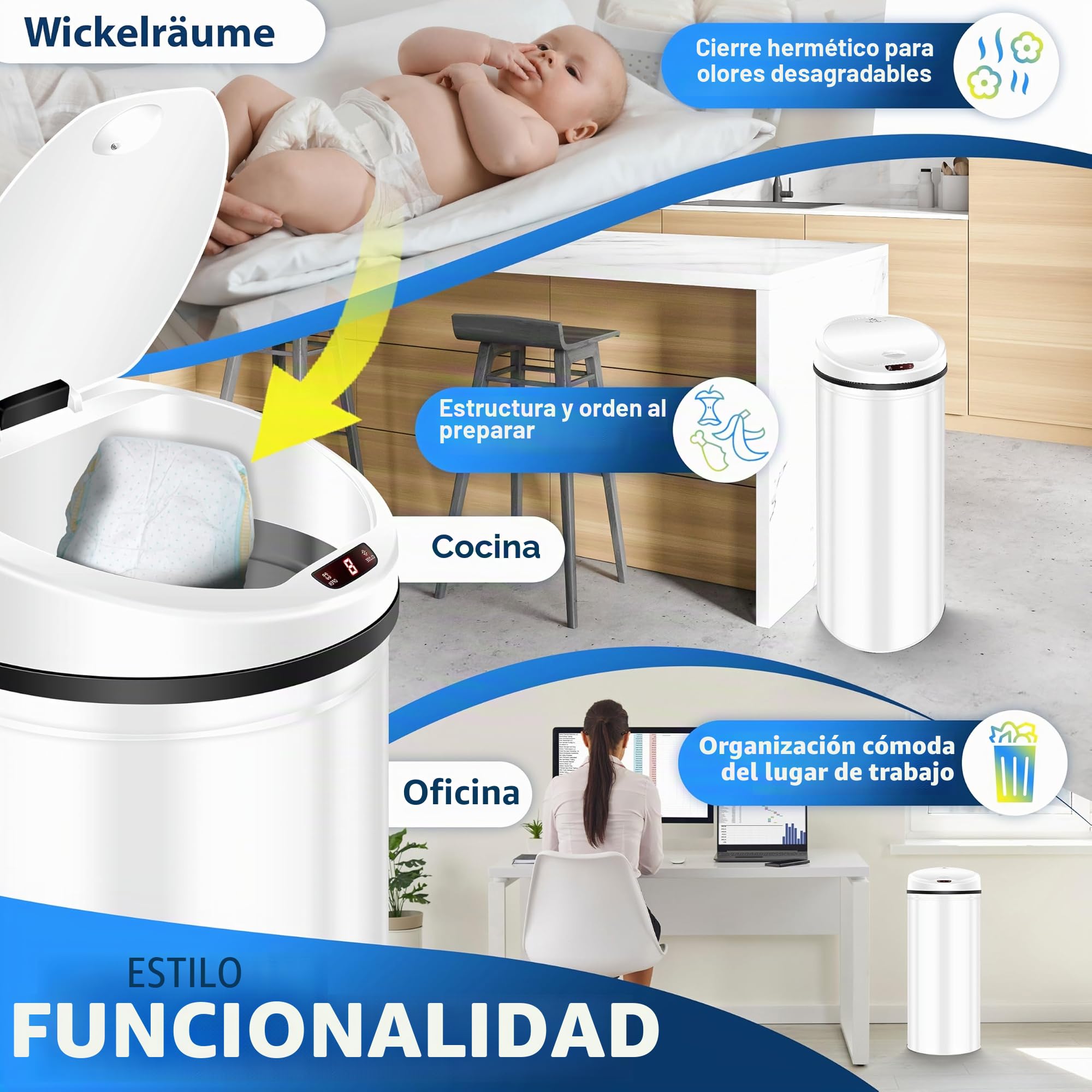 KESSER Cubo de basura automático con sensor de 40 litros – Cubo de basura eléctrico de acero inoxidable, apertura sin contacto, bajo nivel de ruido para cocina, baño, oficina, color blanco con soporte