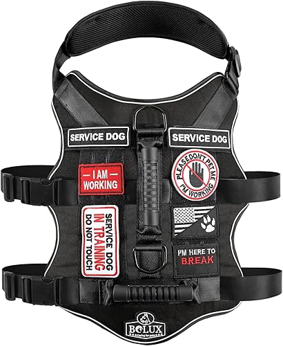Bolux Arnés táctico para perro con 7 etiquetas, arnés de entrenamiento para perros con asas dobles de fácil control, arnés de trabajo para perros K9