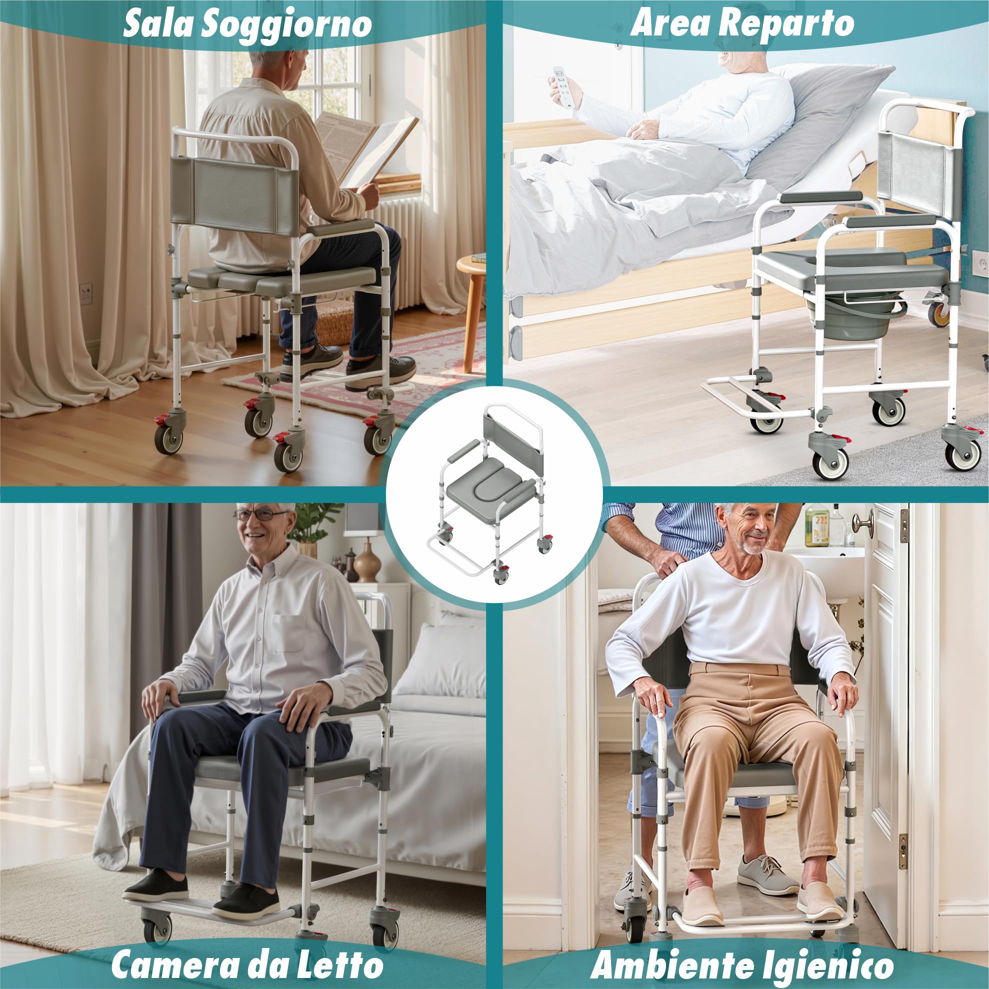 Sedia da comoda con ruote per anziani, sedia da doccia con portata di 120 kg, wc portatile con secchio per disabili e anziani