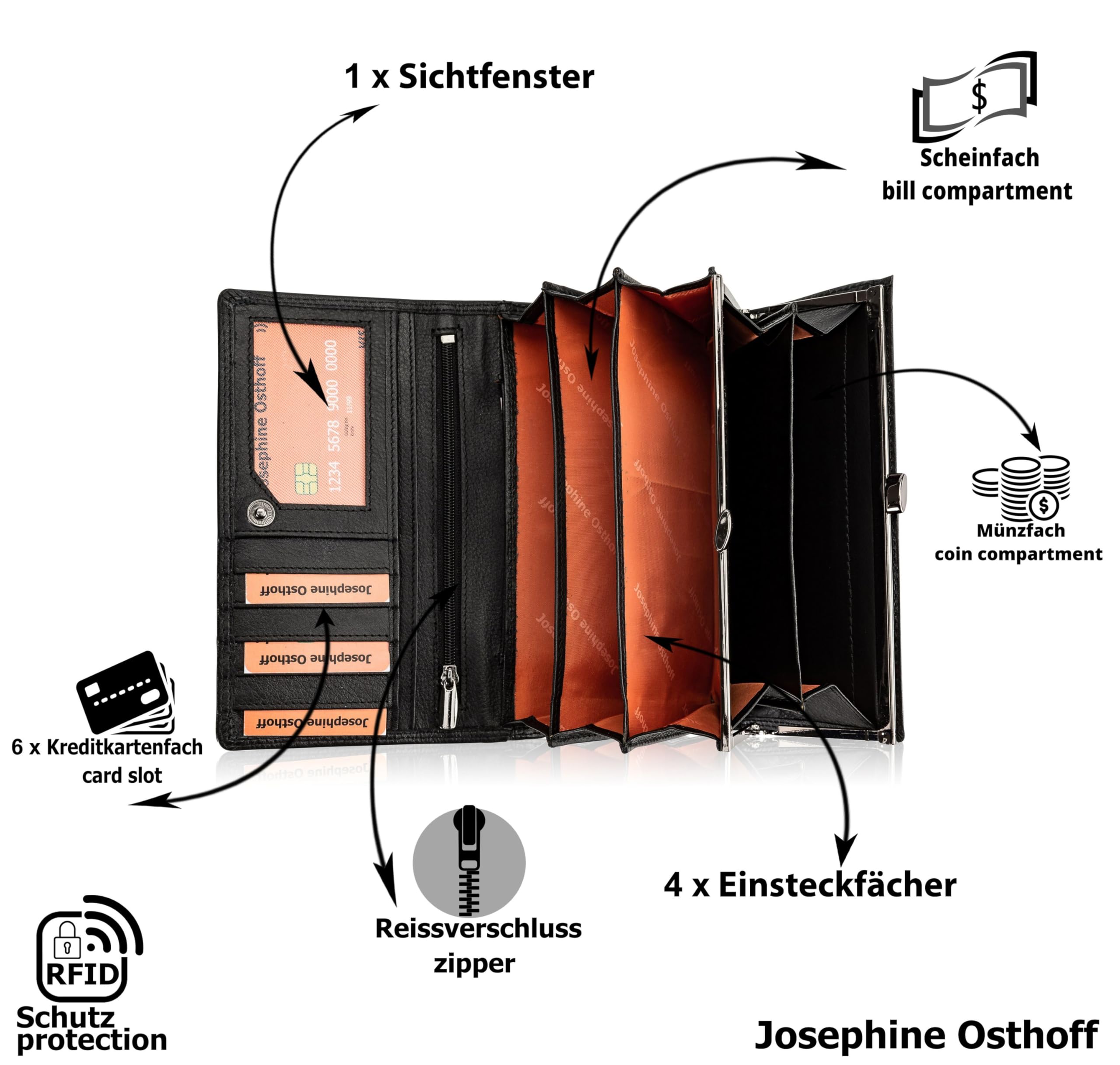 Josephine Osthoff Geldbörse Damen Leder Länglich Portemonnaie mit Bügelverschluss KleinGeldbörse Kreditkartenetui RFID-Schutz Geldbeutel mit Münzfach (920)