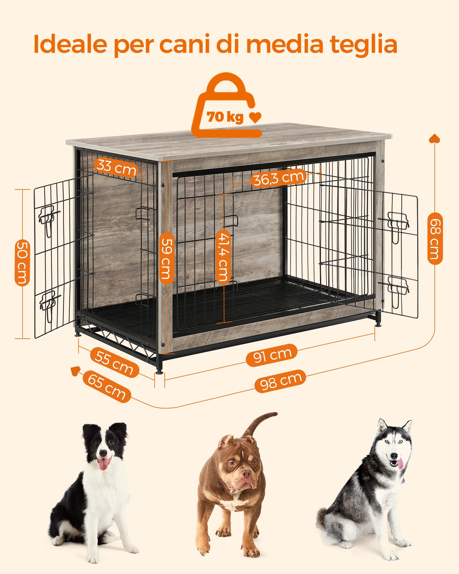 Feandrea Gabbia per Cani, Mobile Tavolino, Cuccia Moderna da Interno per Cani fino a 32 kg, Gabbia per Cuccioli, Vassoio Multiuso Rimovibile, Casetta per Animali, 2 Porte, Greige PFC003G01