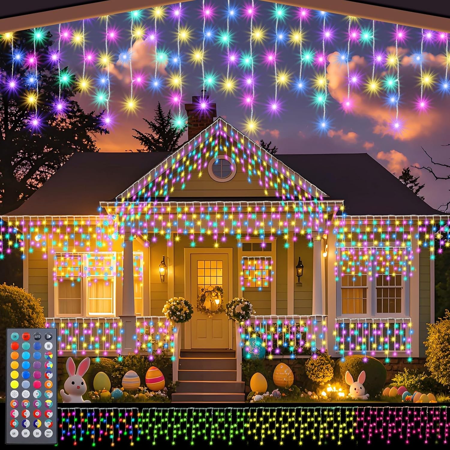 Pooqla Color Changing Icicle Lights with 44 Keys Remote, Easter LED Icicle Lights Outdoor, 240 LED 23 FT RGB Waterproof Hanging String Lights for Roof Window Home Party Decor 240 LED 23FT