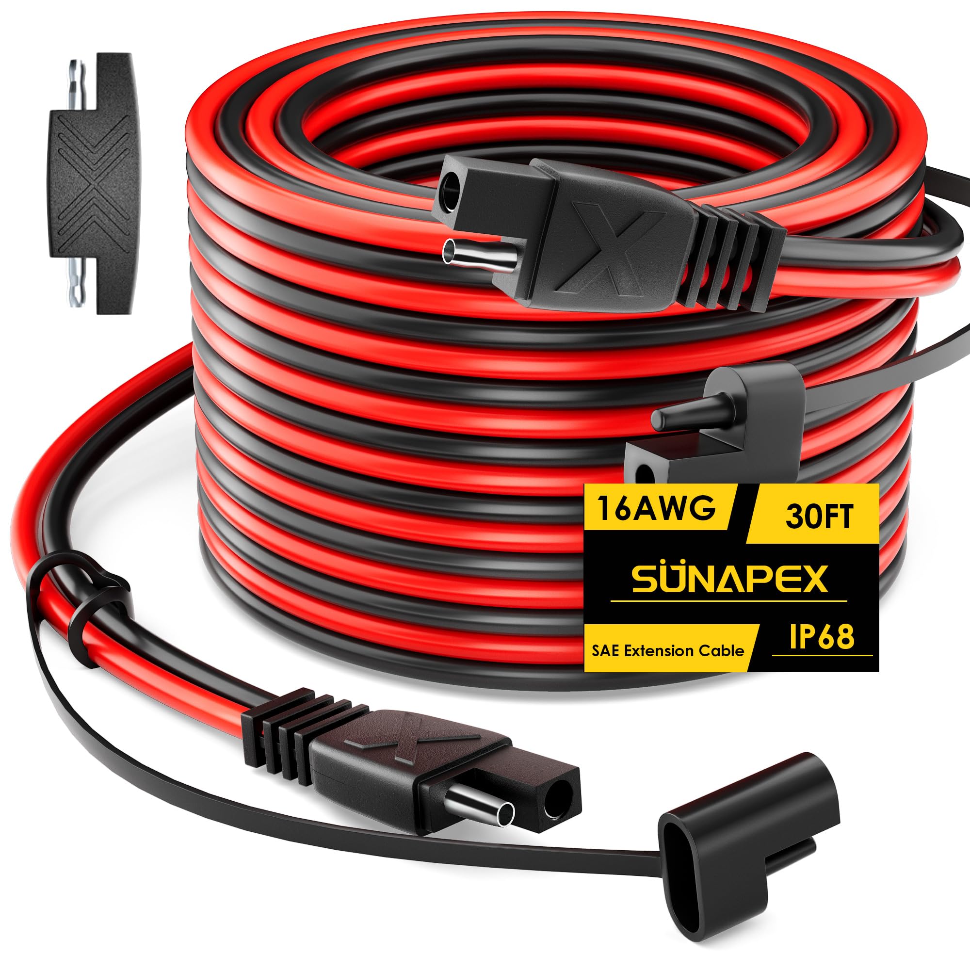 SUNAPEX Cavo di prolunga da SAE a SAE: 16 AMG 30 FT cavo di rame puro – connettori impermeabili a scollegamento rapido con adattatore di polarità tappi antipolvere per automobili, pannelli solari