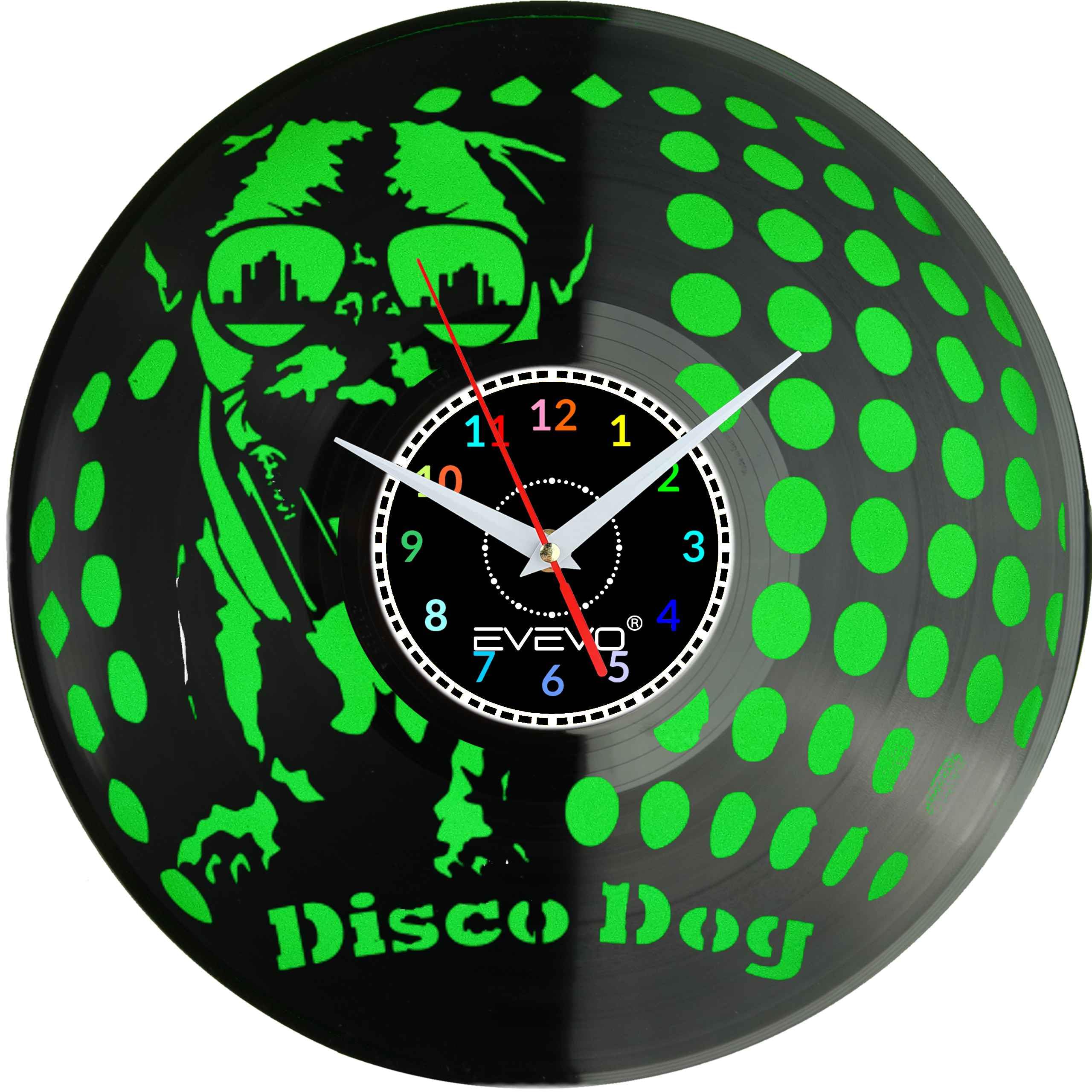 ZEGAR ŚCIENNY MOPS MOPSIK MOPSIĄTKO PUG PIES FLUORESCENCYJNE TŁO PŁYTA WINYLOWA PREZENT UPOMINEK URODZINY SOUVENIR EVEVO F0032