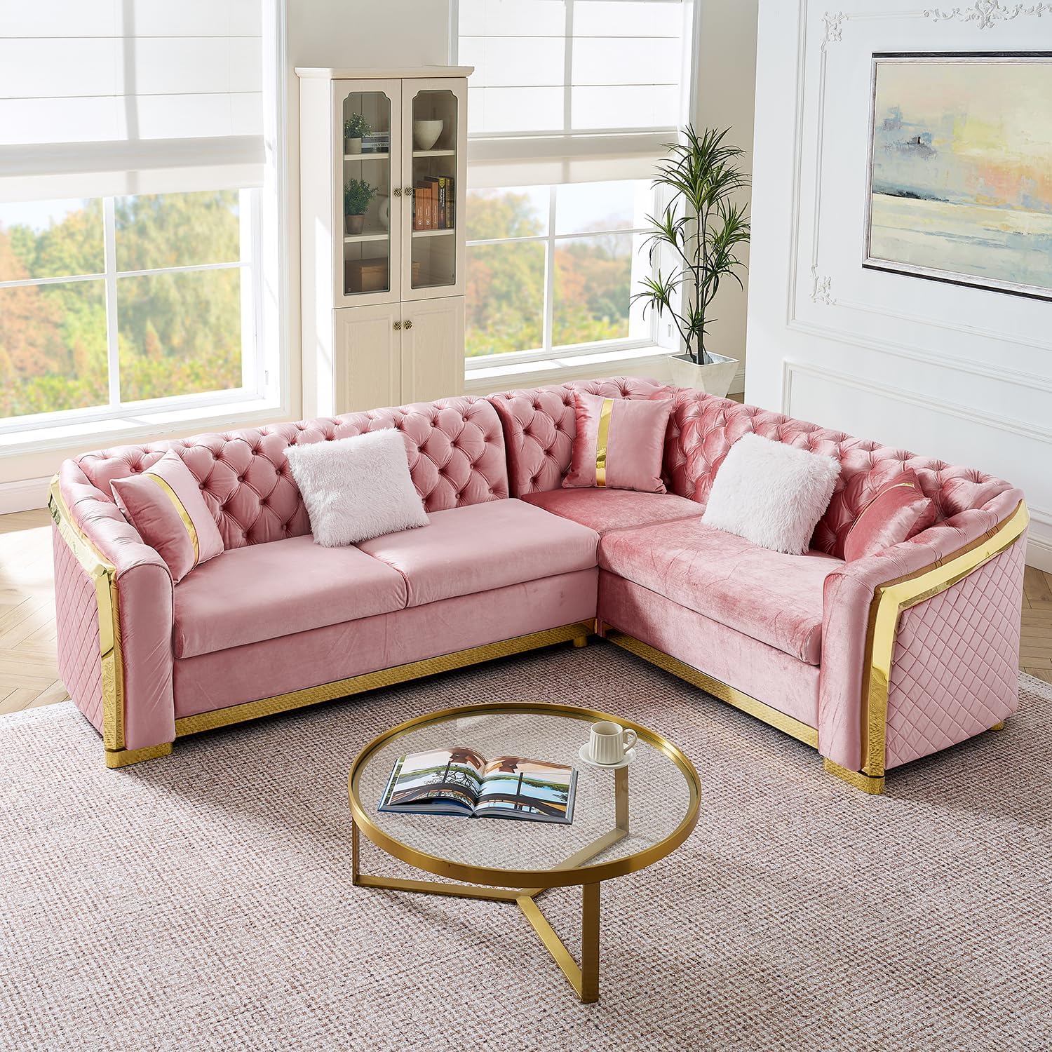 106-in L-Shaped Chesterfield Sectional Sofa Set with Gold Stainless Steel Accents, Velvet Button Tufted Back, 5 Pillows, Soft Foam Cushions, Luxury Living Room Couch, 105.5"x84.2"x32.2", Pink